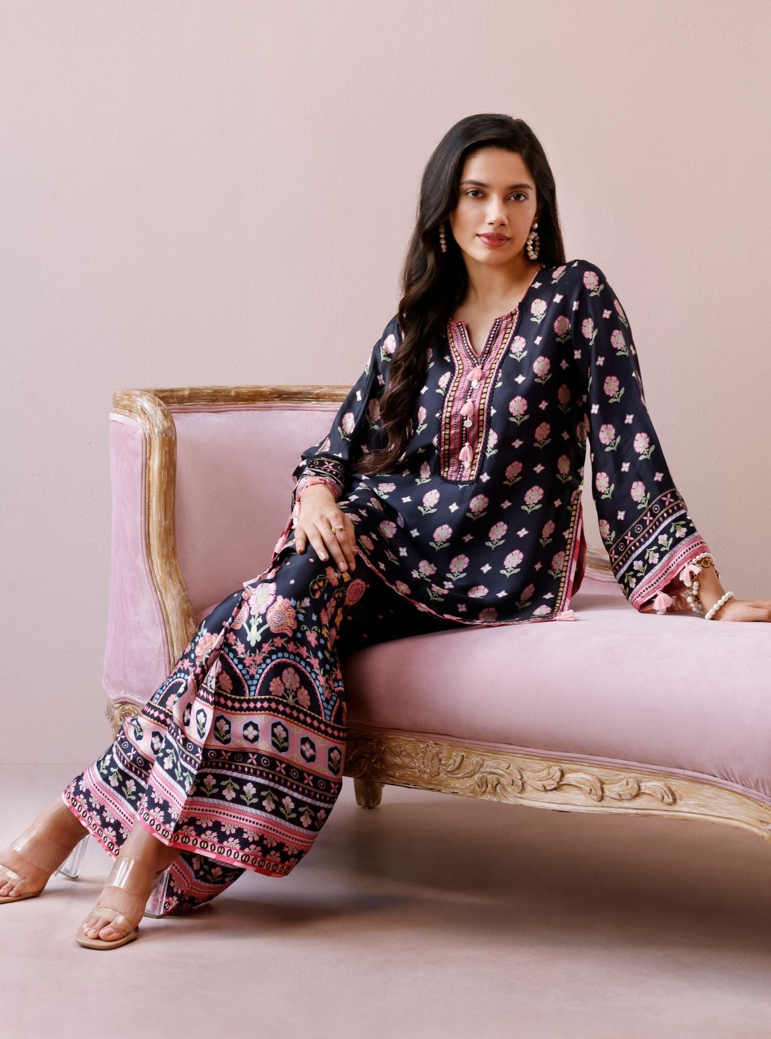 Vela Cupro Satin Printed Black Co-ord Set