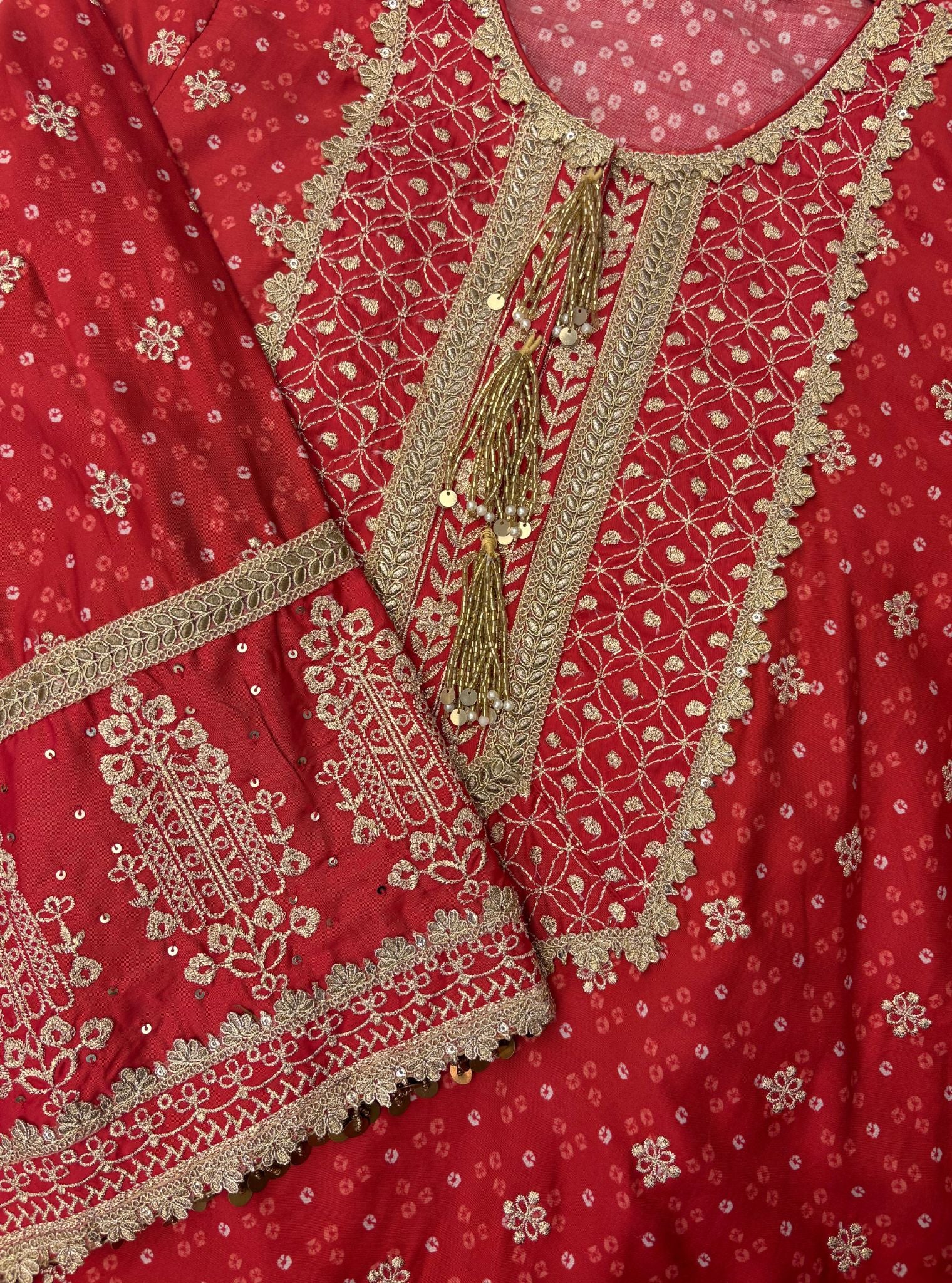 Lari Pima Satin Printed Red Kurta Set