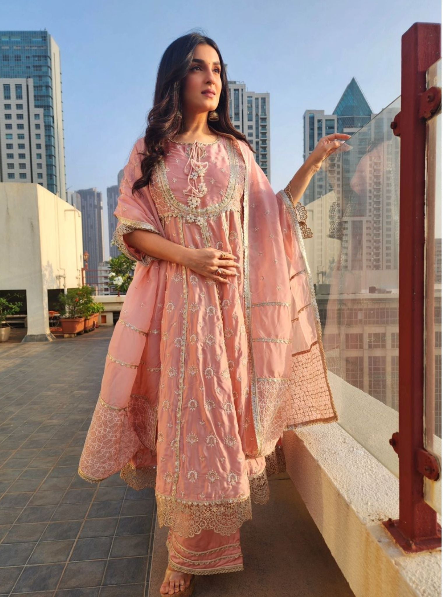 Mulmul Organza Satin Navrai Light Pink Anarkali Kurta with Mulmul Luxe Satin Navrai Light Pink Pant