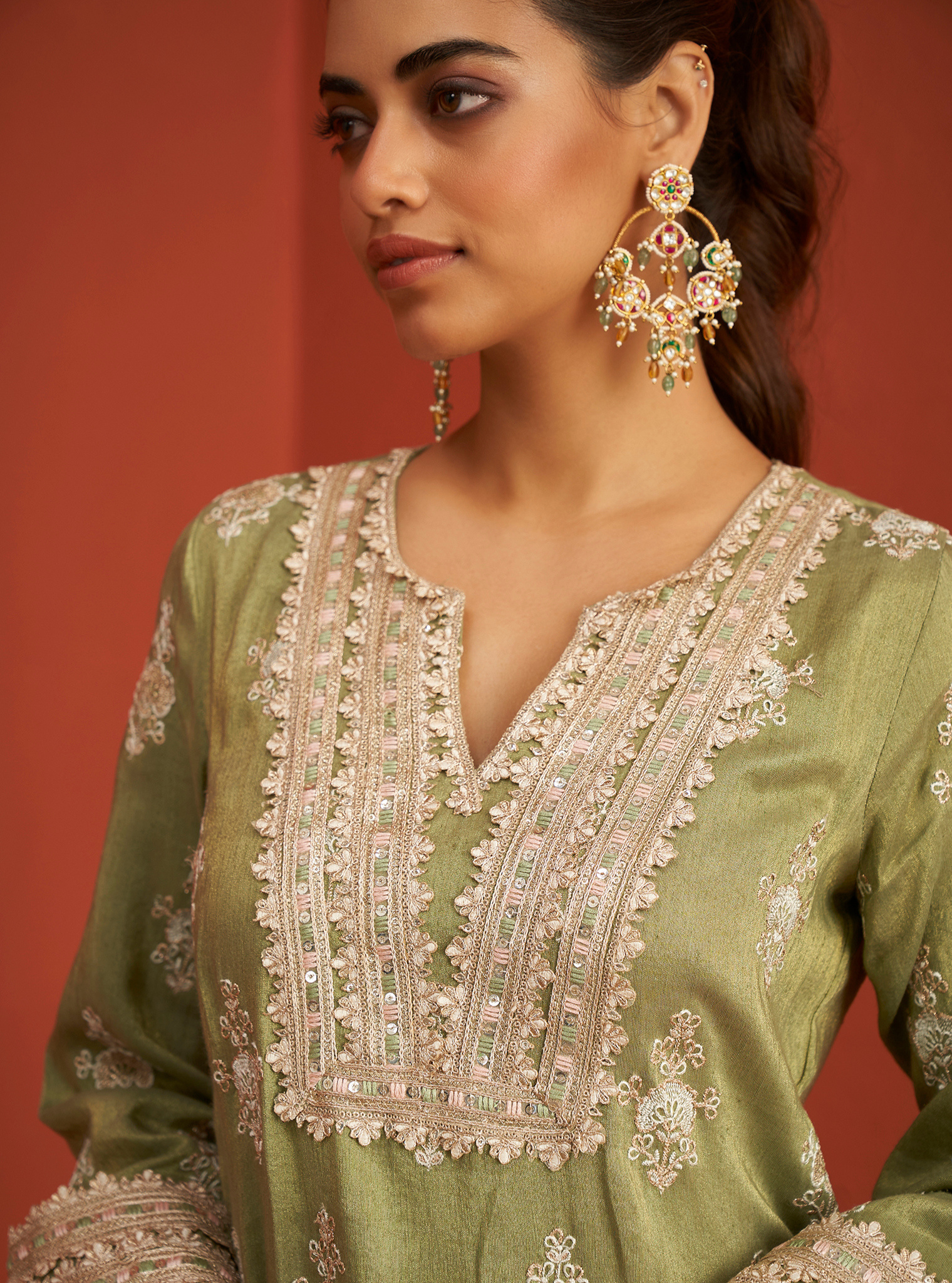 Mitthi Luxe Tissue Sage Green Kurta Set