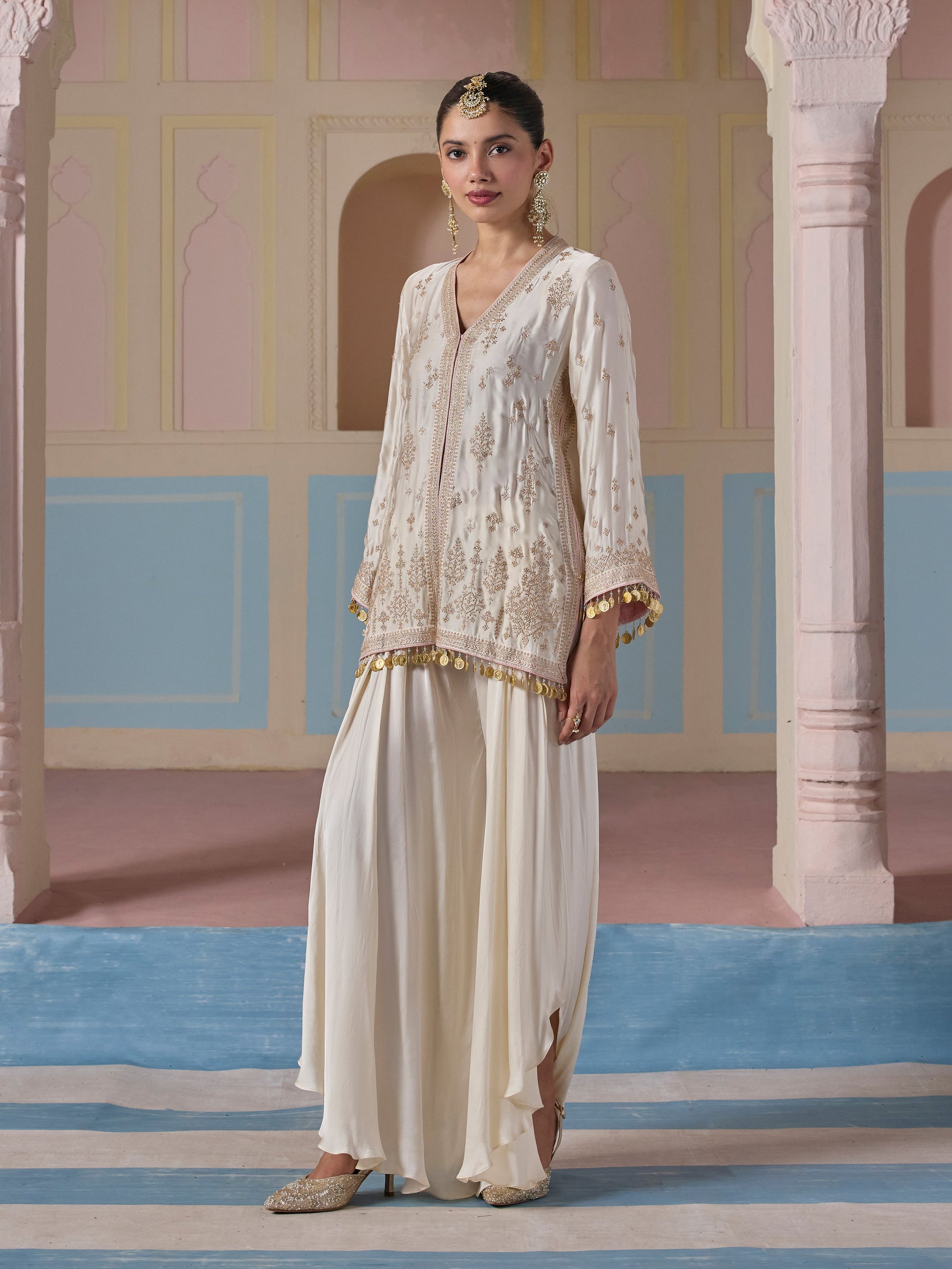 Laado Cupro Satin Off White Kurta with Draped Pants