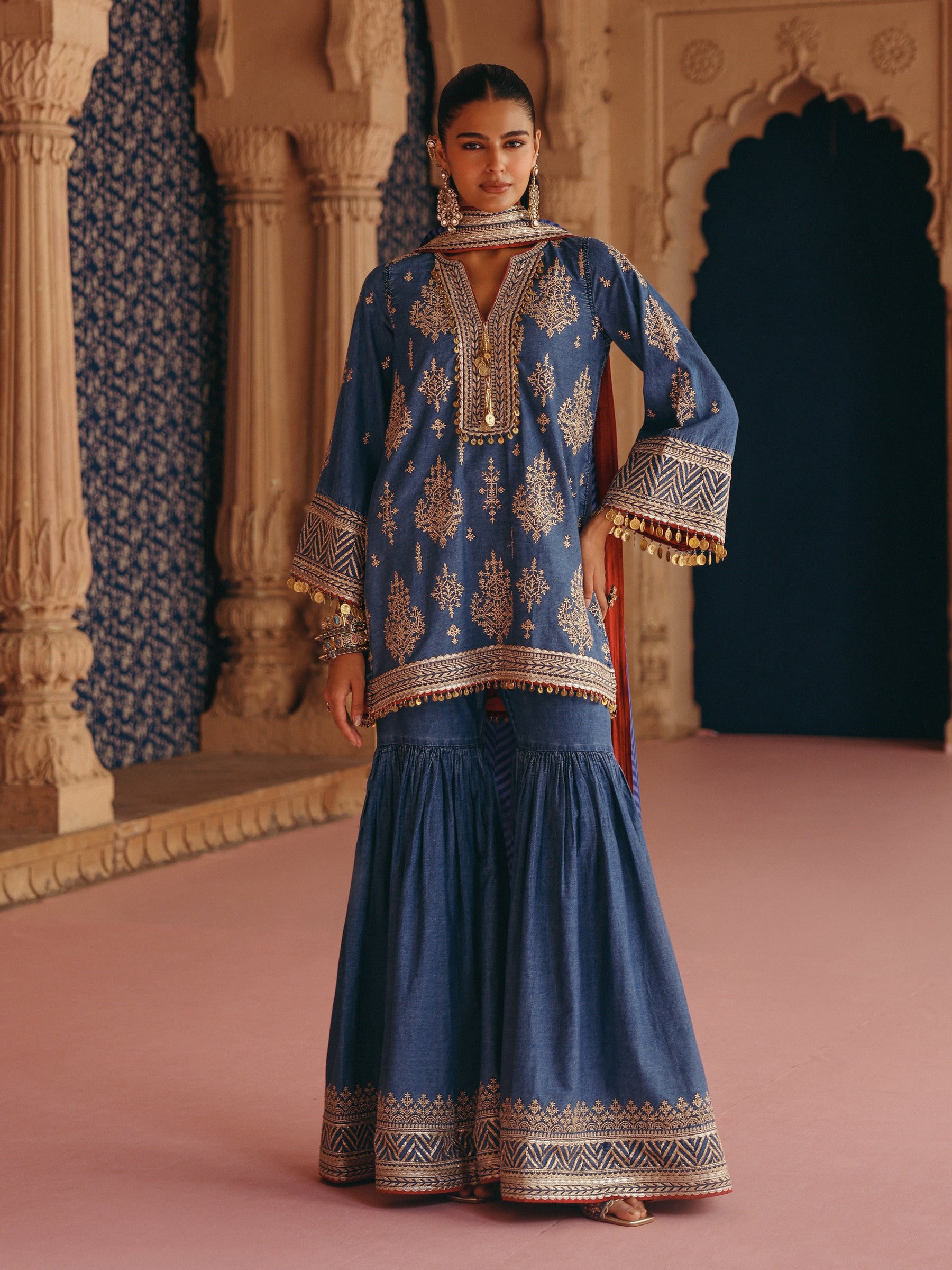 Beri Denim Short Kurta with Sharara