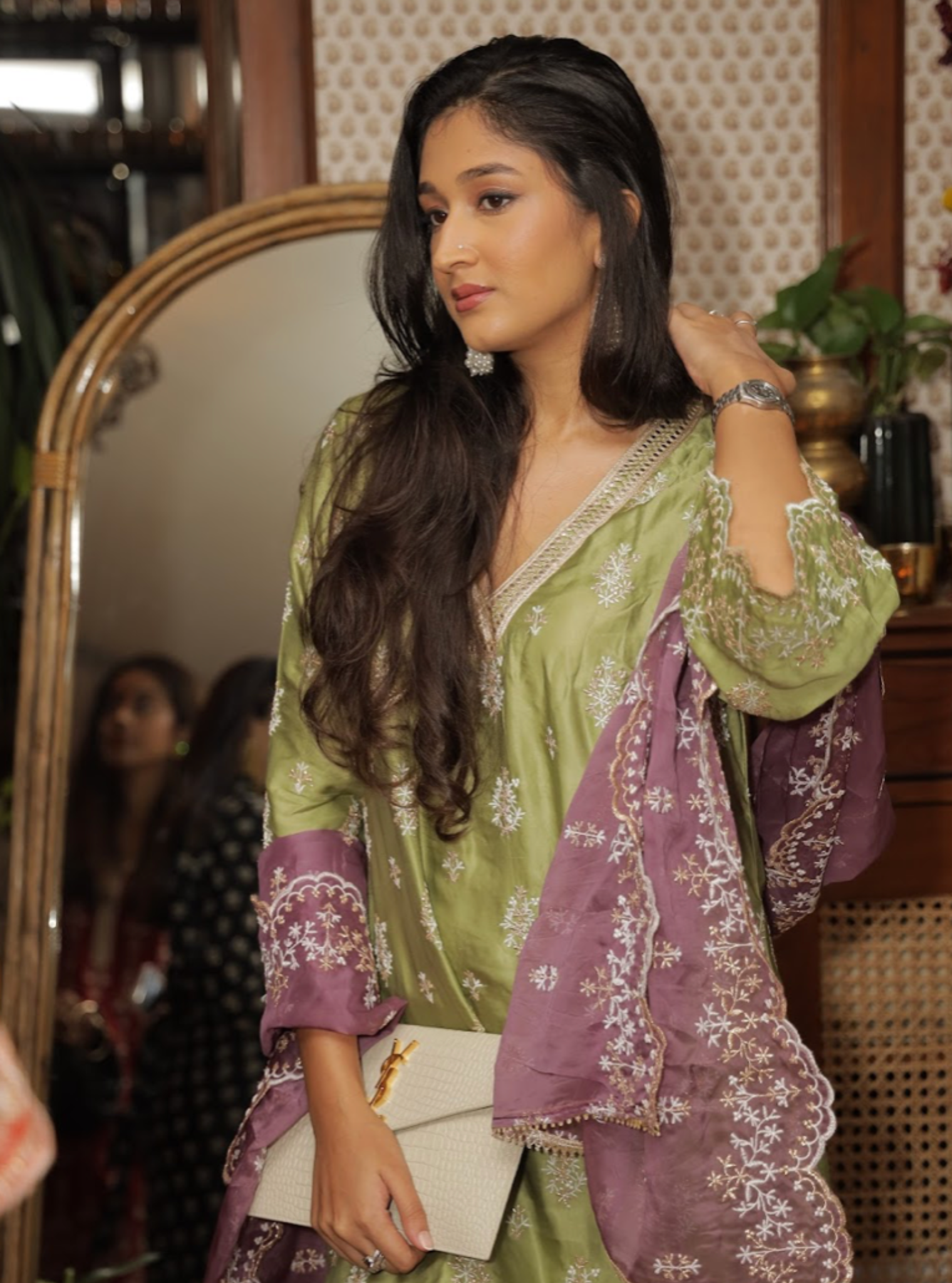 Mulmul Cupro Satin Callaia Moss Green kurta With Mulmul Cupro Satin Callaia Moss Green Salwar