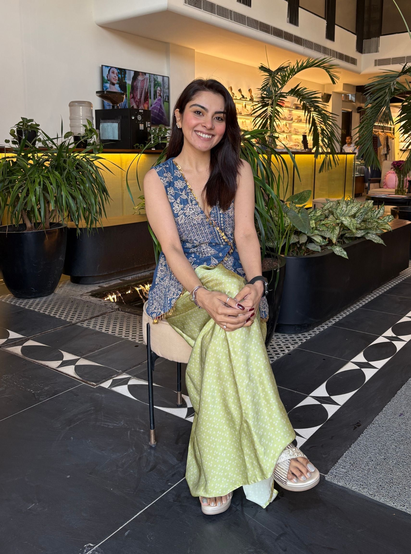 Lunira Denim Waistcoat With Cupro Satin Printed Sage Green Draped Skirt