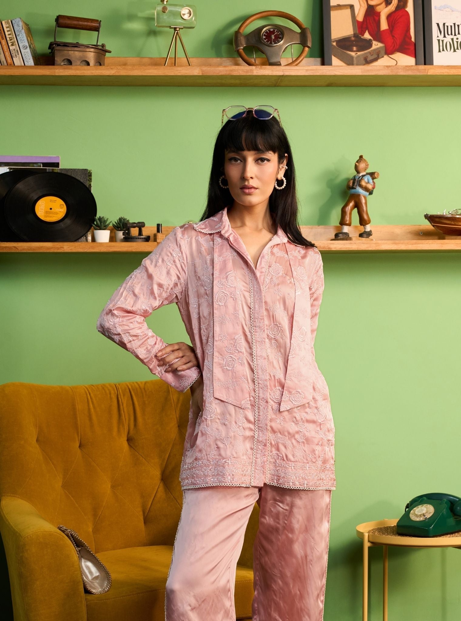 Zuvina Cupro Satin Onion Pink Shirt Set