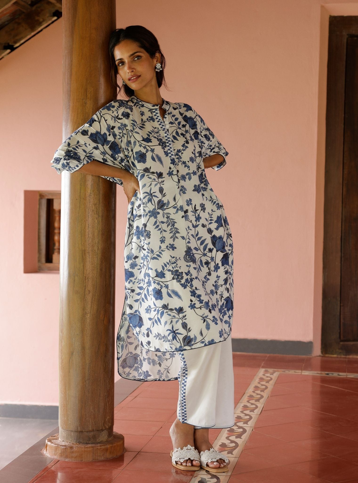 Marius Lawn Printed White/Navy Kurta Set