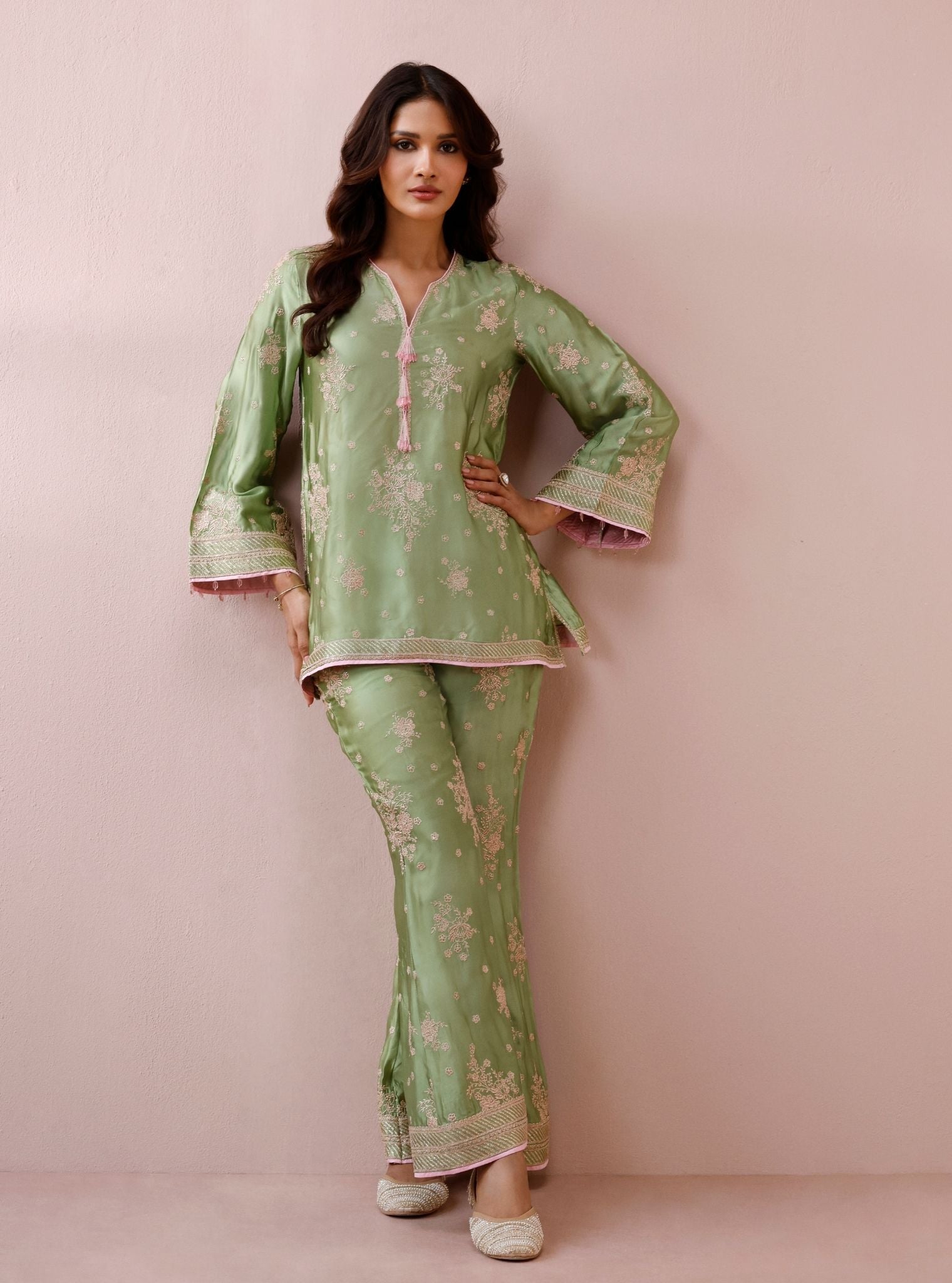 Zaria Cupro Satin Pista Green Co-ord Set