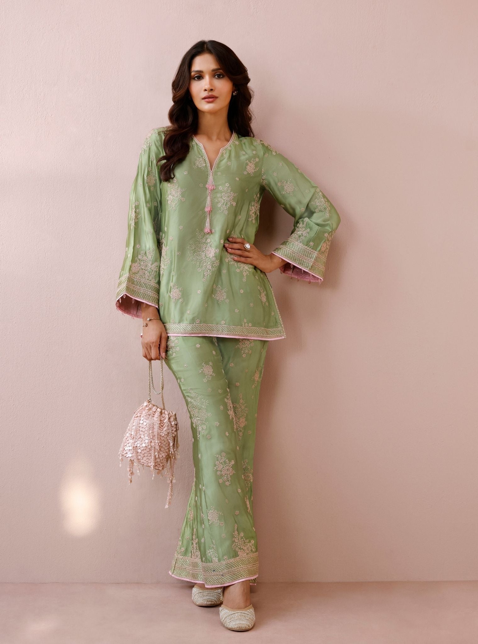 Zaria Cupro Satin Pista Green Co-ord Set