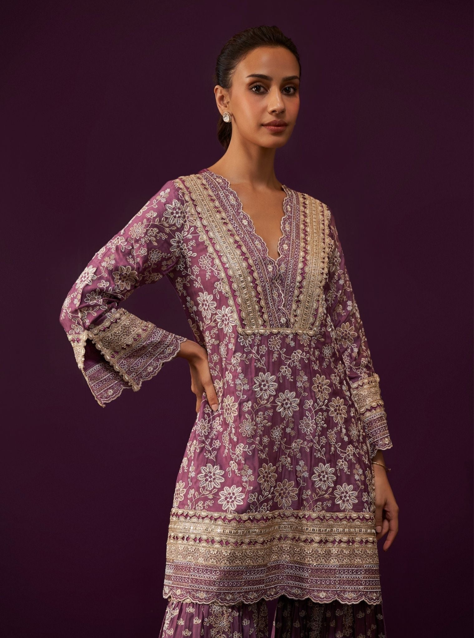 Mulmul Cupro Satin Briar Purple Kurta With Mulmul Cupro Satin Briar Purple Garara