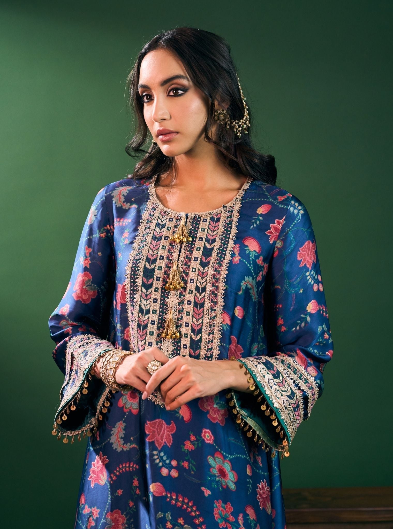 Sahi Cupro Satin Printed Navy Kurta with Navy Salwar Set