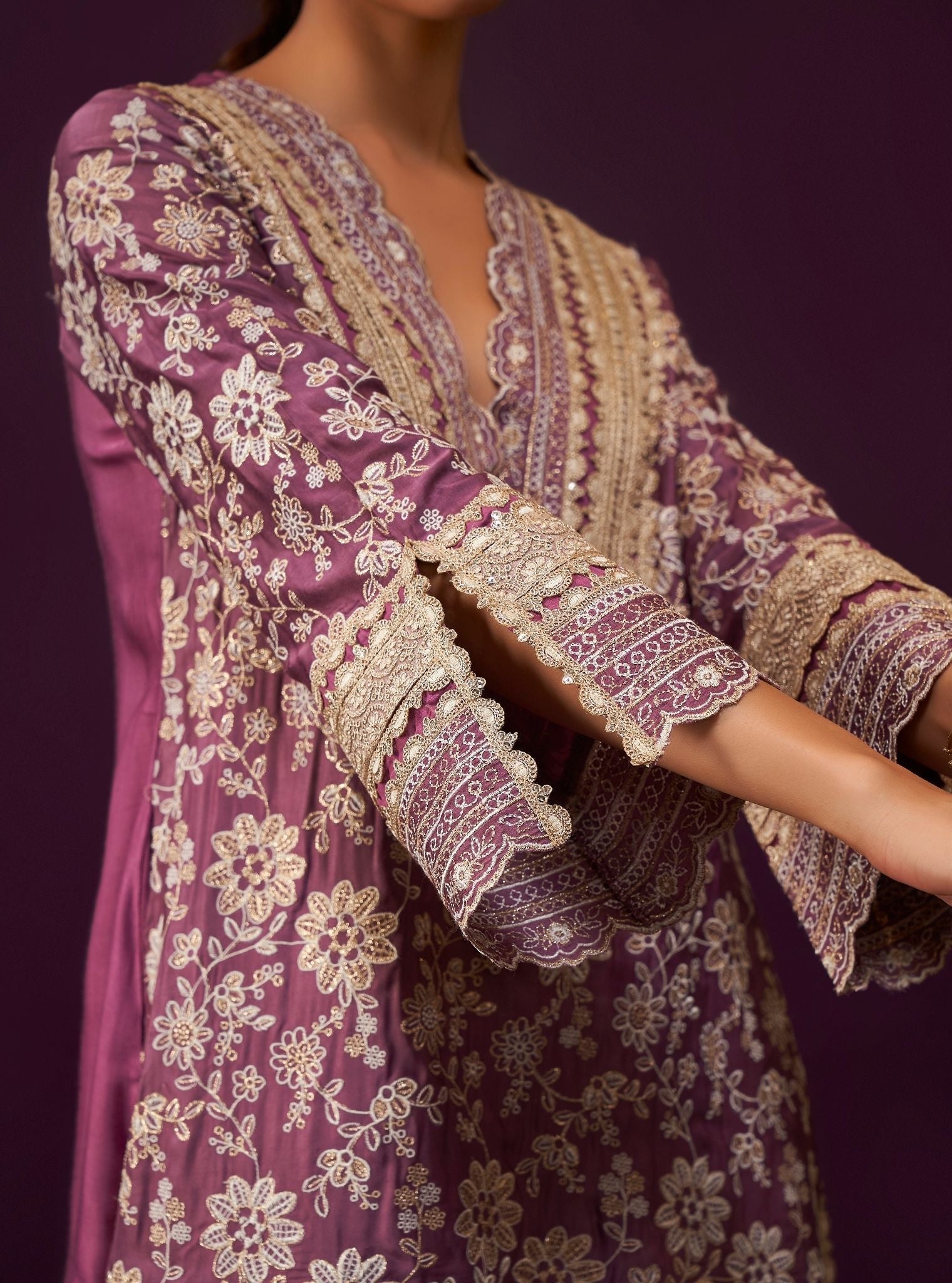 Mulmul Cupro Satin Briar Purple Kurta With Mulmul Cupro Satin Briar Purple Garara