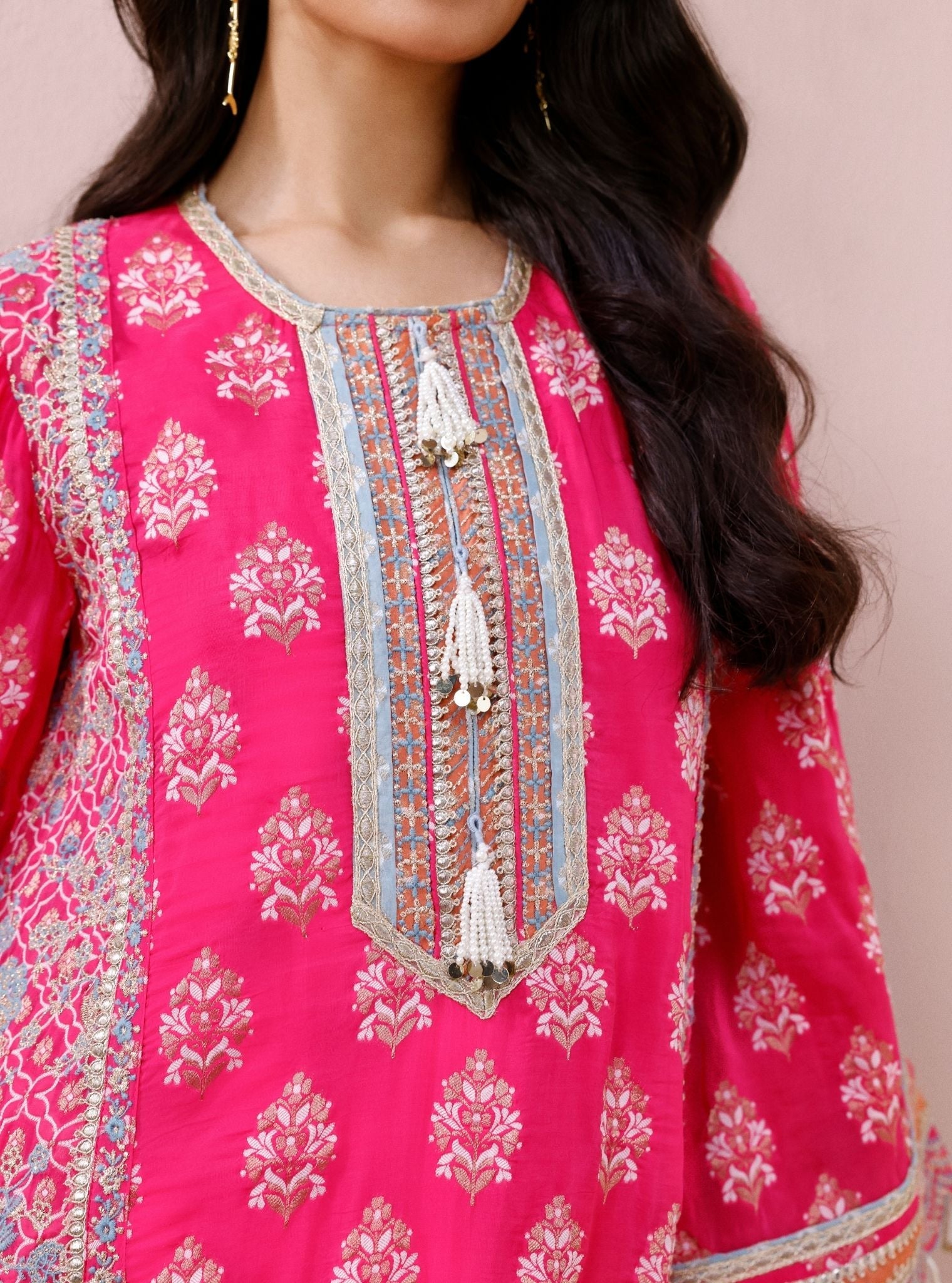 Nami Banarsi Fuchsia Short Kurta with Wide Pants
