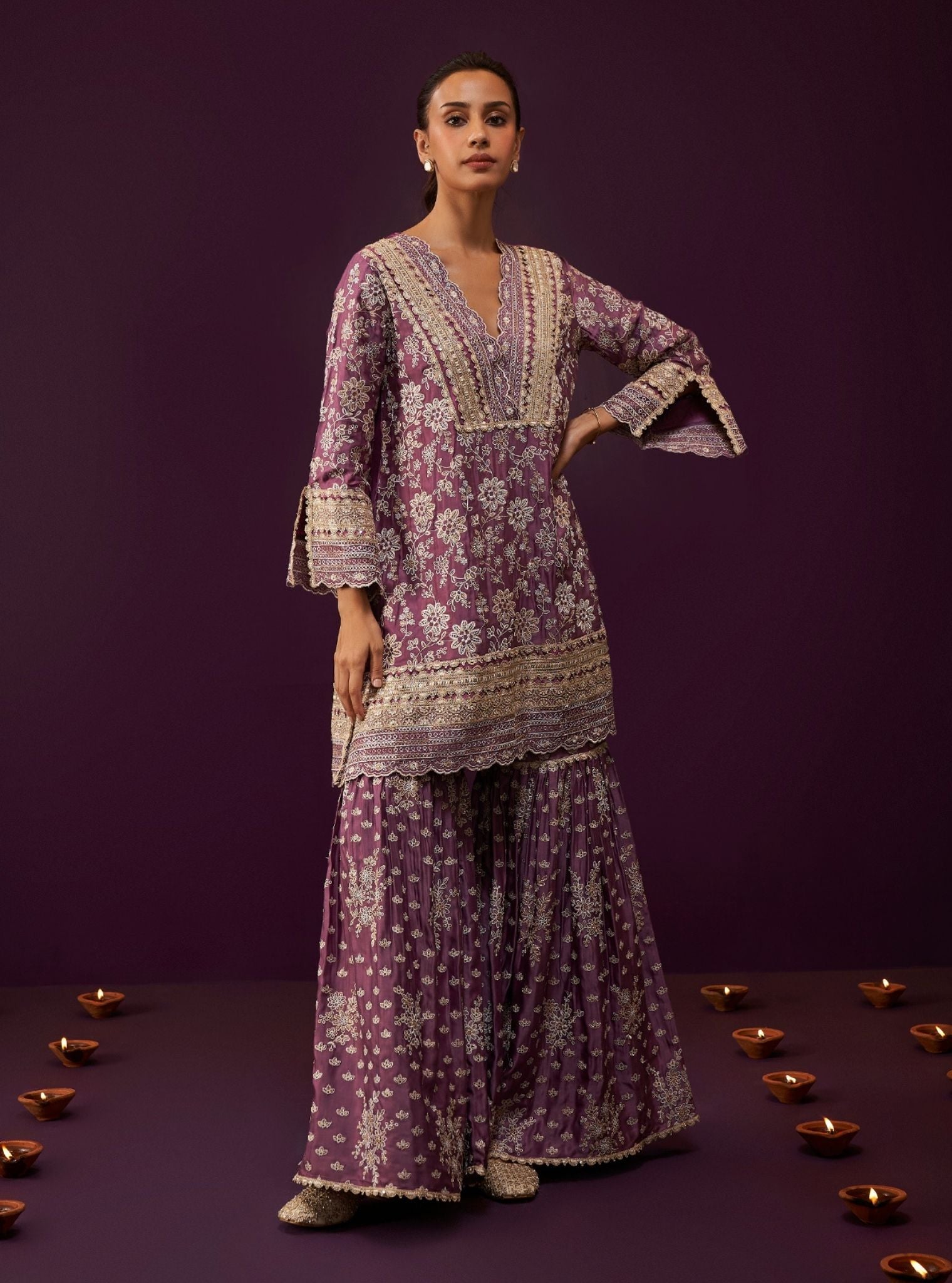 Mulmul Cupro Satin Briar Purple Kurta With Mulmul Cupro Satin Briar Purple Garara