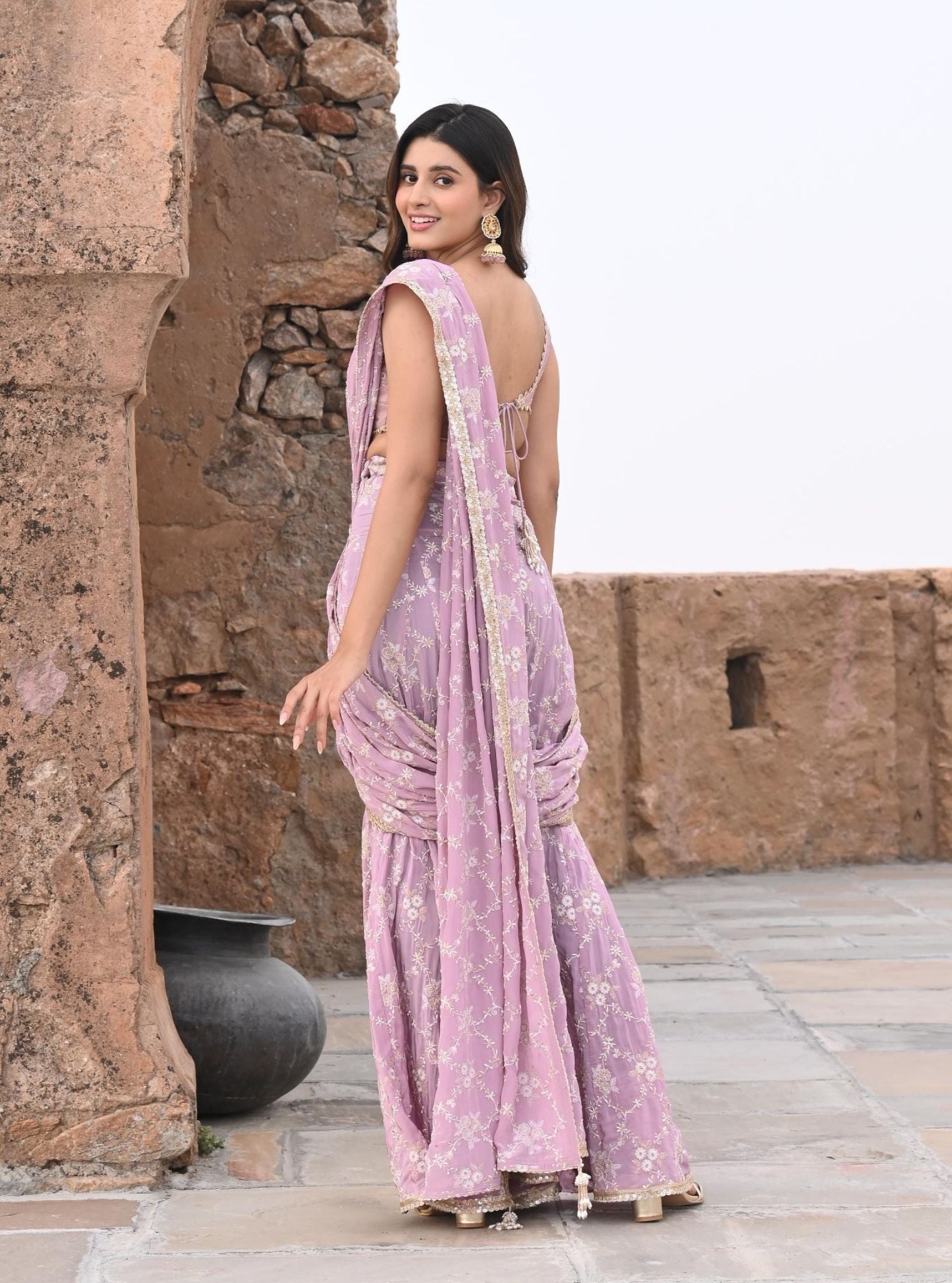 Mulmul Crepe Raahi Lilac Pre-Stitched  Saree