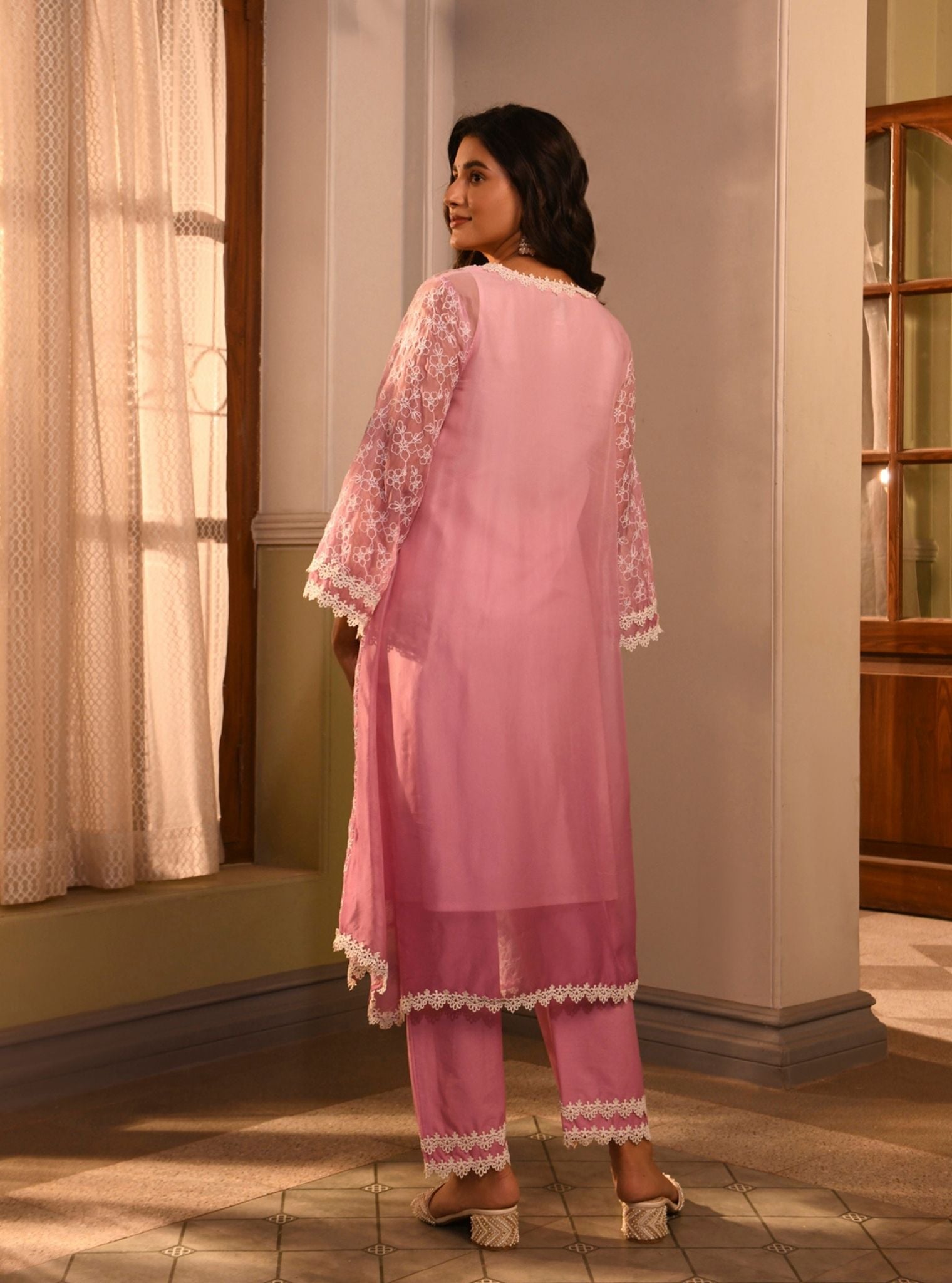 Mulmul Organza Edna Lavender Kurta With Mulmul Cotton Edna Lavender Pant