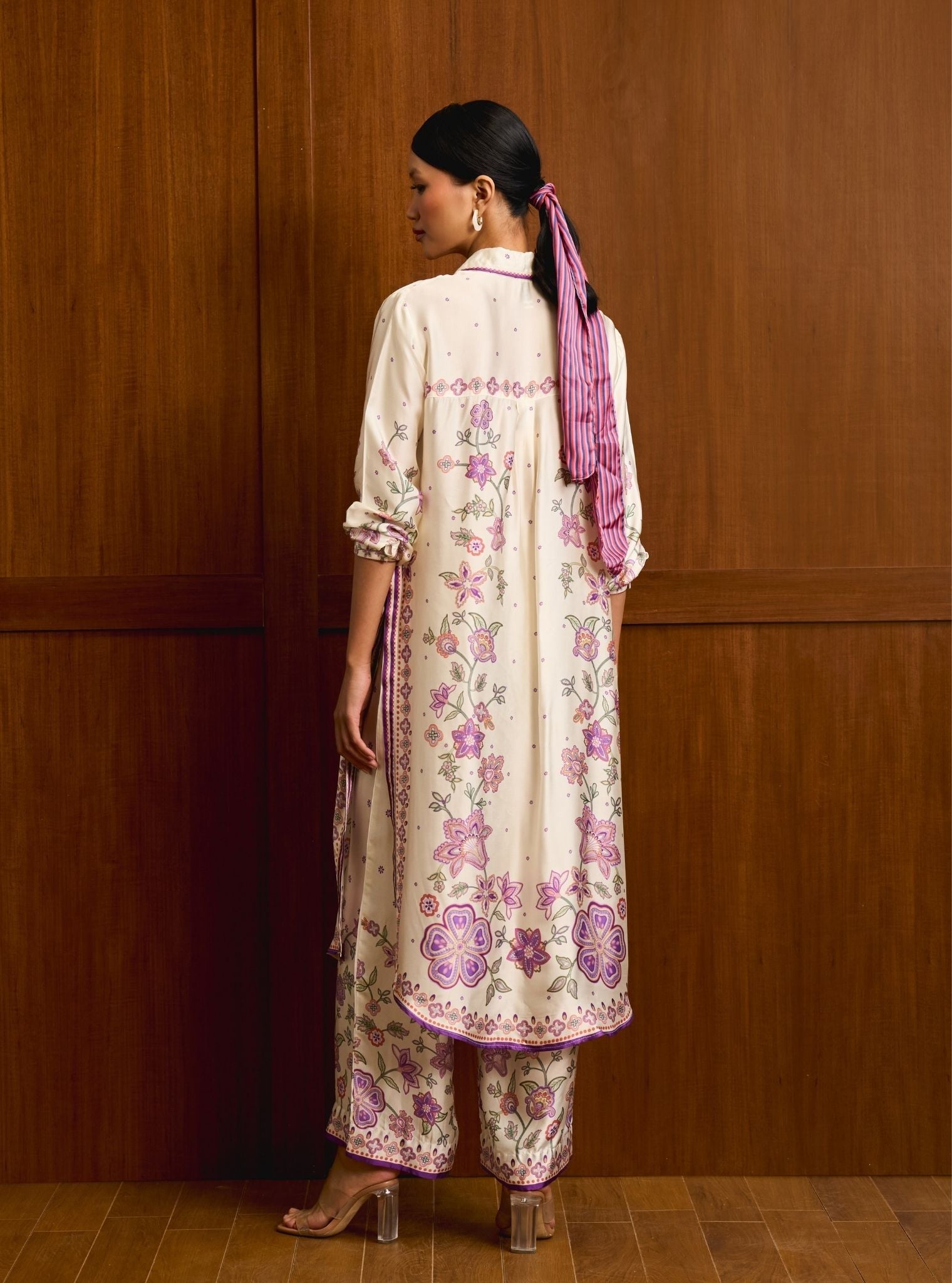 Mrina Cupro Satin Off White Long Shirt Co-ord Set