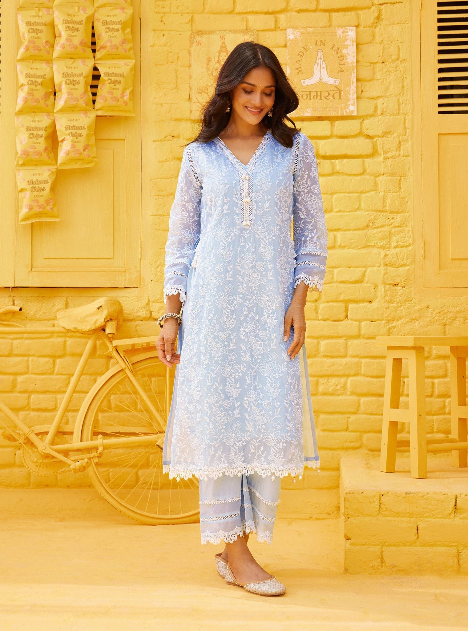 Mulmul Organza Cahya Light Blue Kurta With Mulmul Cotton Cahya Light Blue Pant