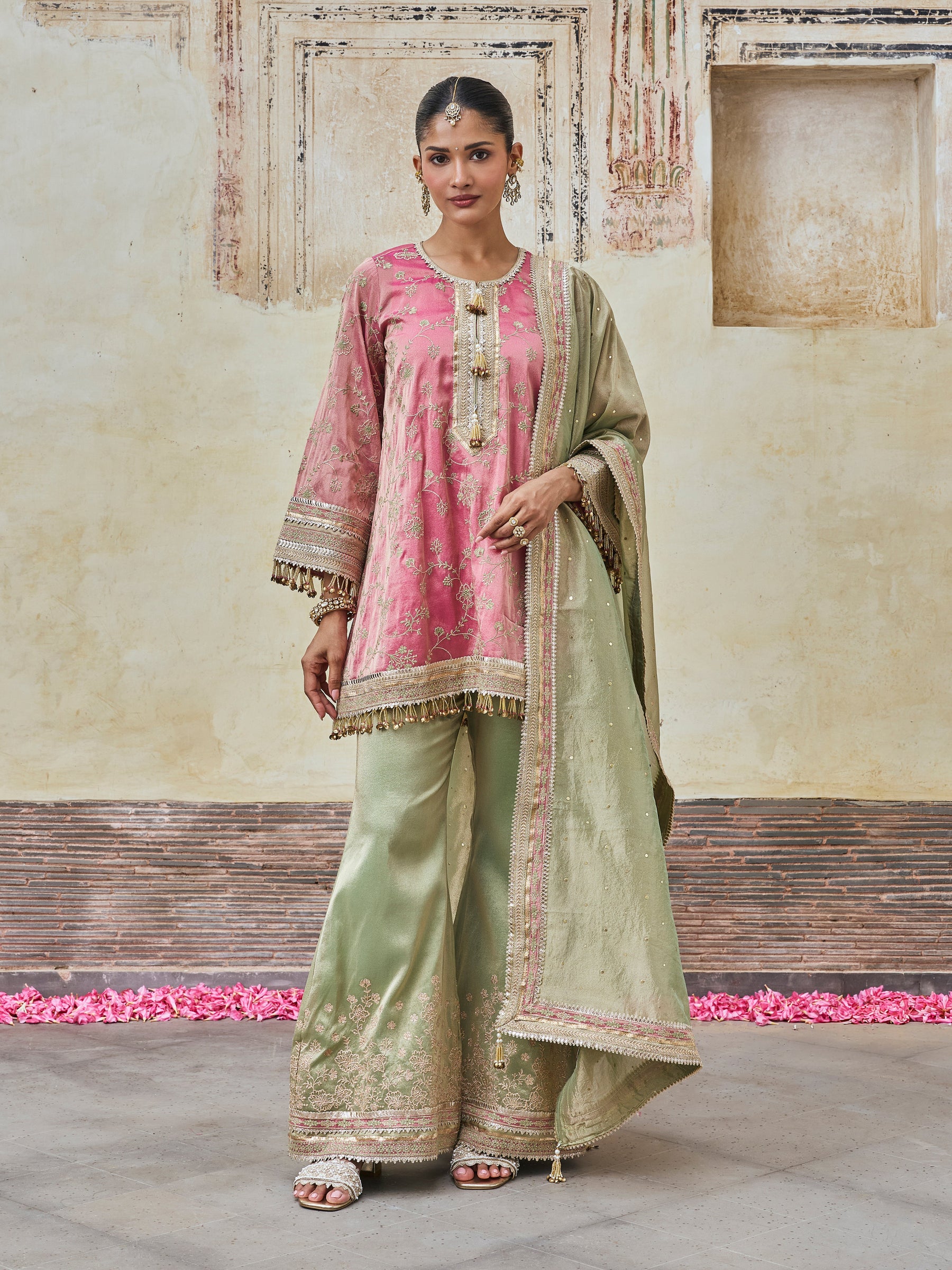 Odhira Tissue Organza Fuchsia & Green Sharara Set