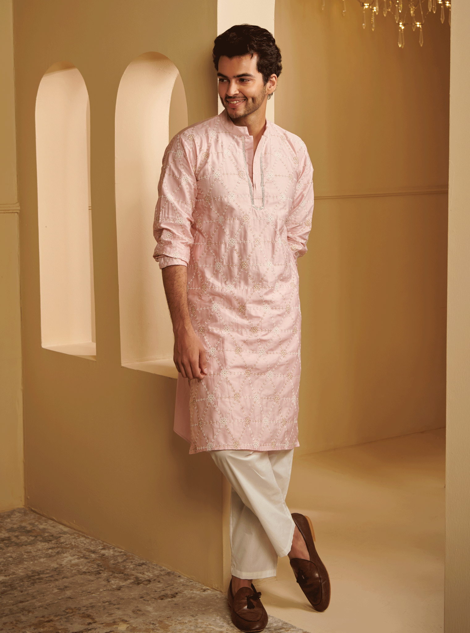 Mulmul Pima Satin Vara Pink Kurta With Mulmul Supima Cotton Vara White Pyajama
