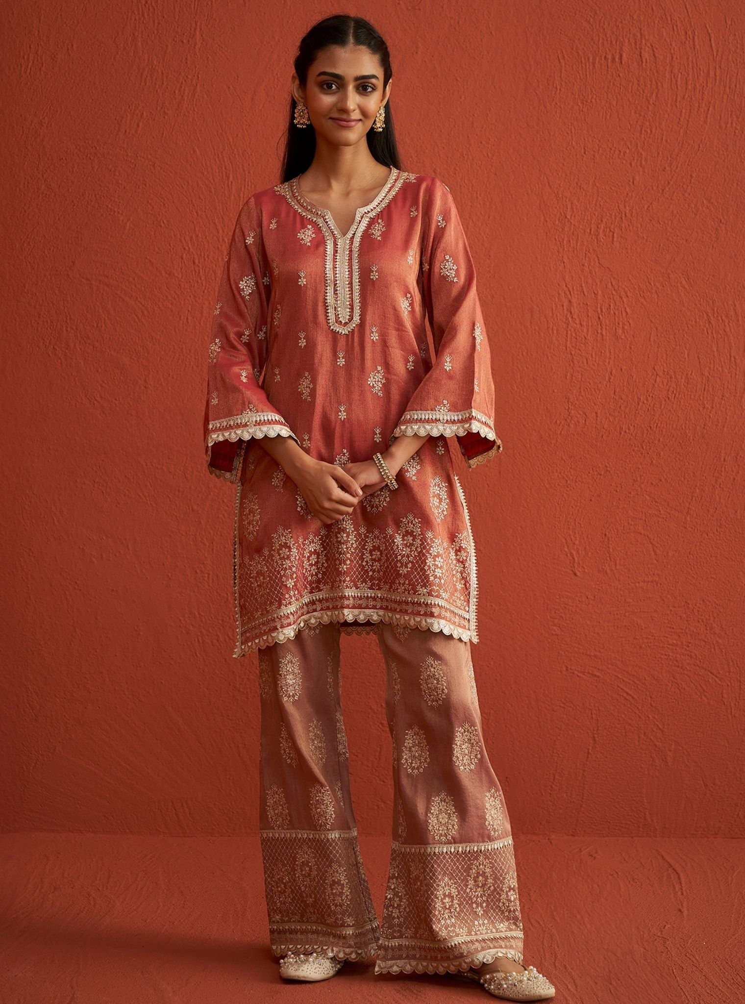 Mulmul Luxe Tissue Vaari Red Kurta With Mulmul Luxe Tissue Vaari Red Pant