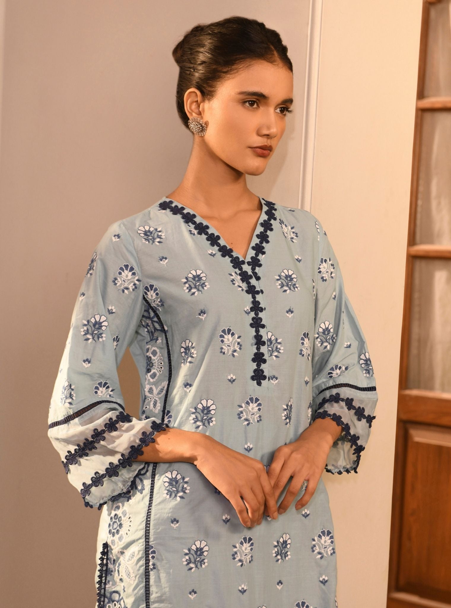 Mulmul Cotton Banu Light Blue Kurta With Mulmul Cotton Banu Light Blue Pant