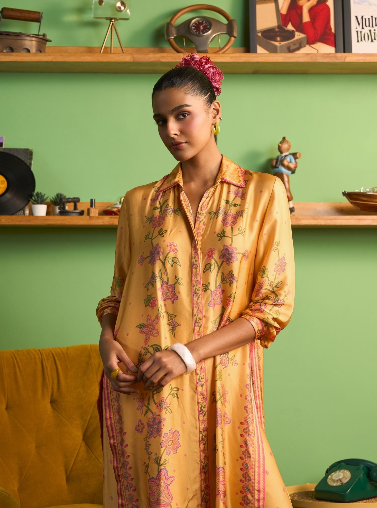 Mrina Cupro Satin Mustard Long Shirt Co-ord Set