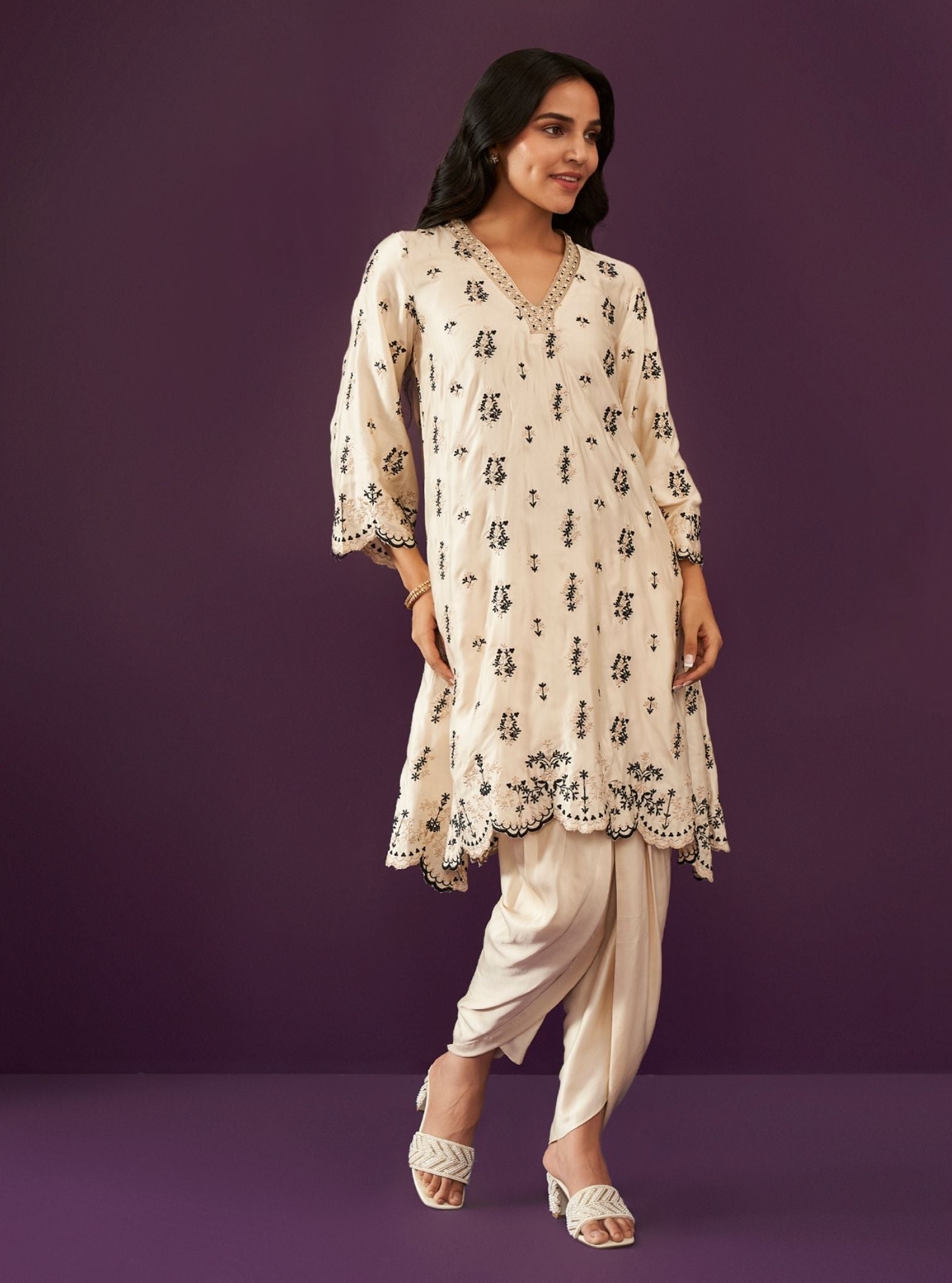 Mulmul Cupro Satin Callaia Off White kurta With Mulmul Cupro Satin Callaia Off White Salwar