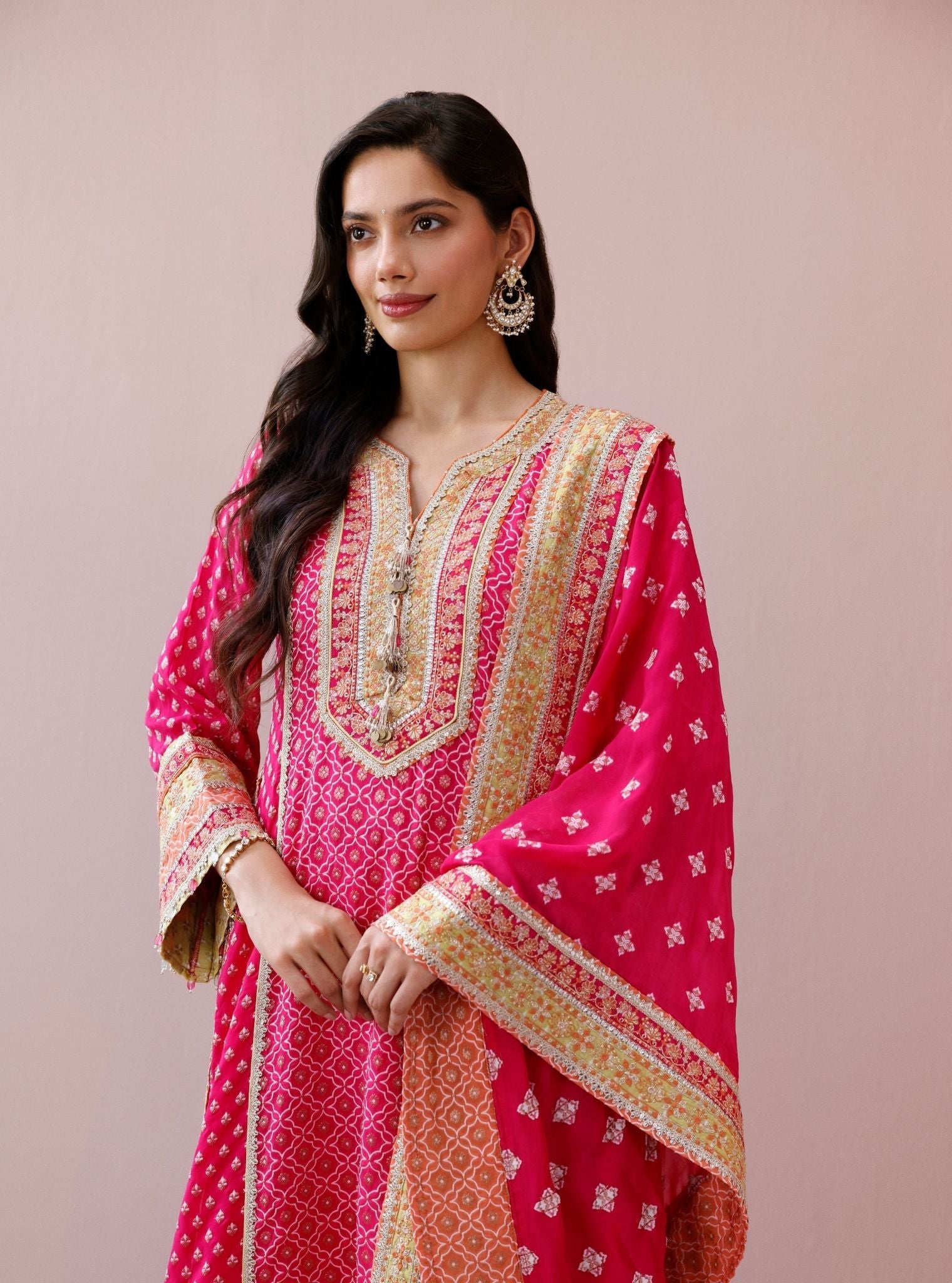 Orelia Banarsi Fuchsia Long Kurta Set