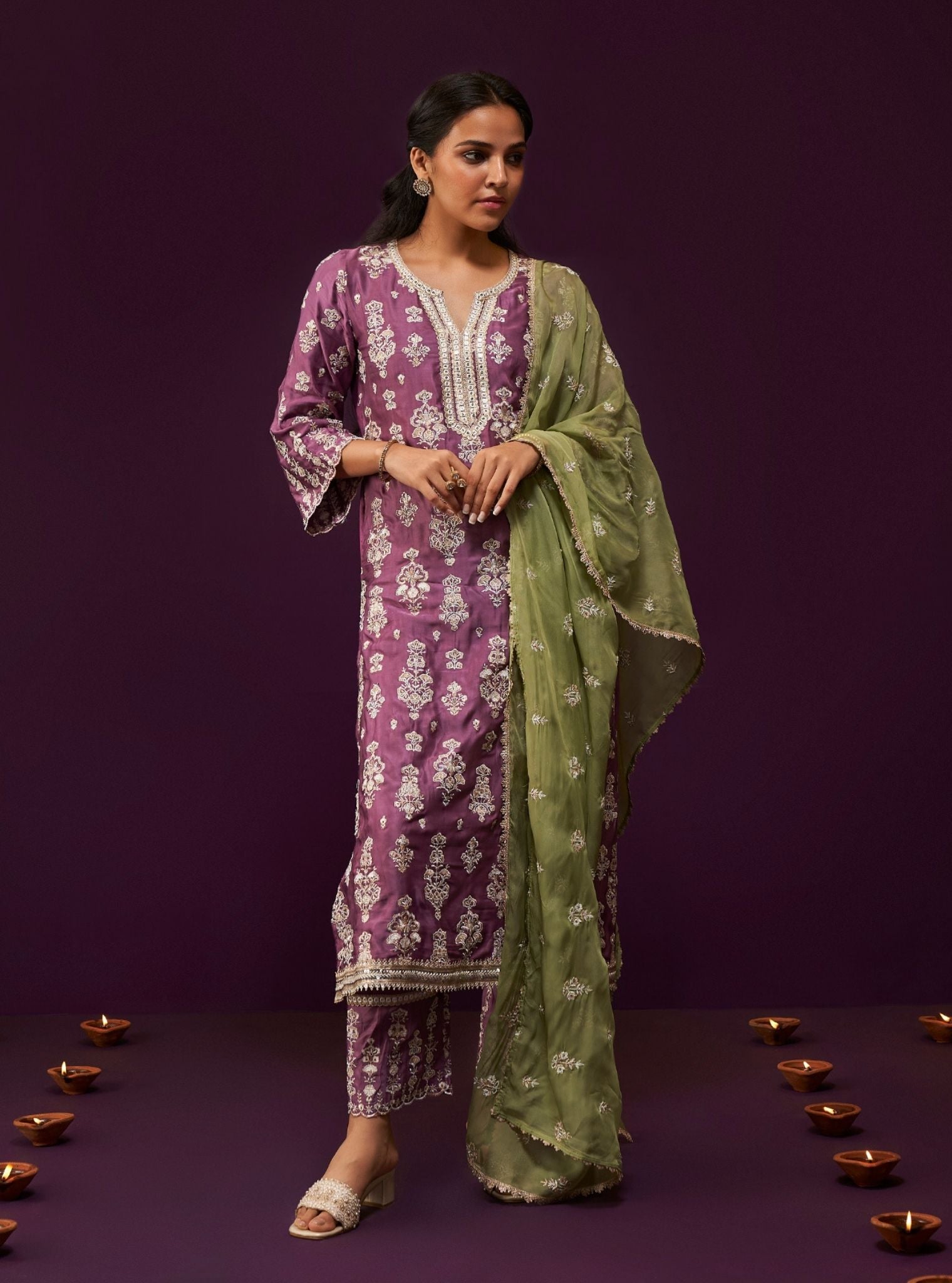 Mulmul Cupro Satin Florentina Purple Kurta With Mulmul Cupro Satin Florentina Purple Pant