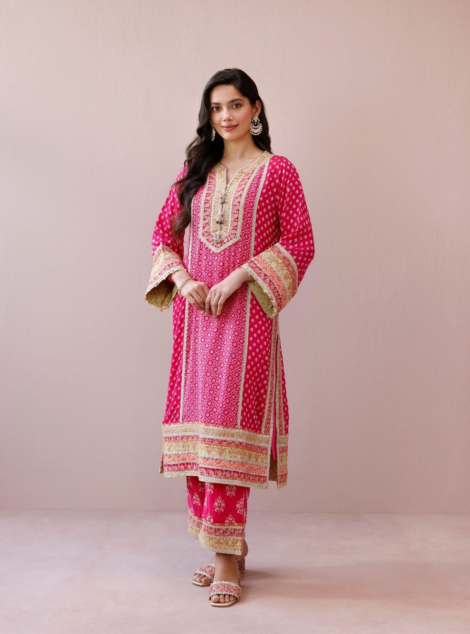 Orelia Banarsi Fuchsia Long Kurta Set