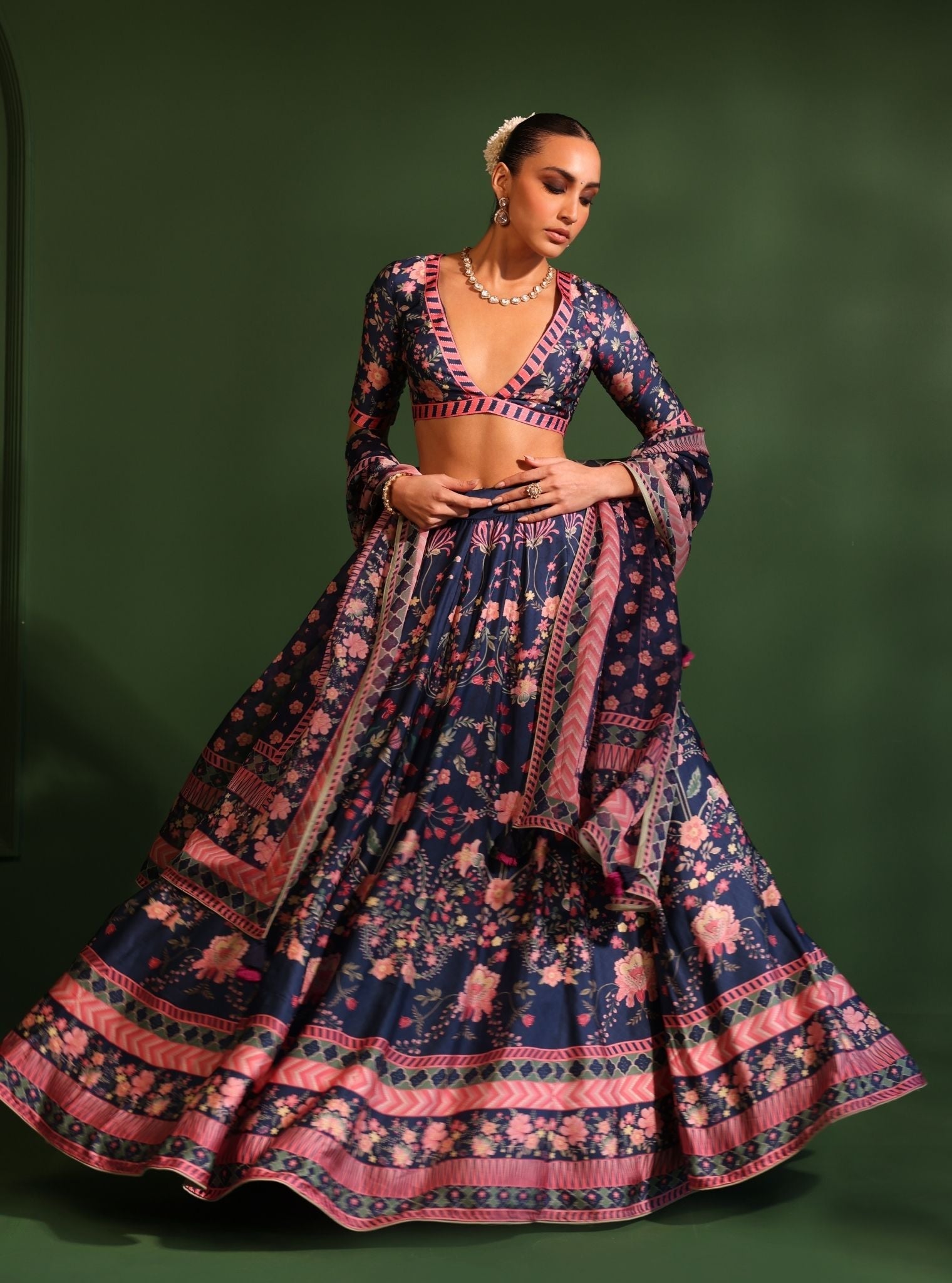 Mulmul Cupro Satin Printed Jhanak Navy Lehenga