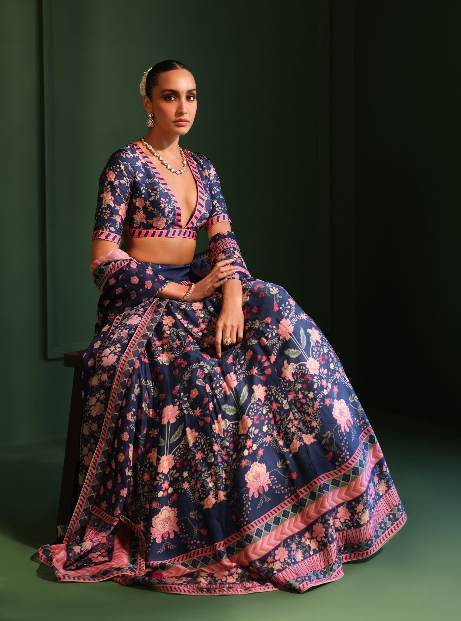 Mulmul Cupro Satin Printed Jhanak Navy Lehenga