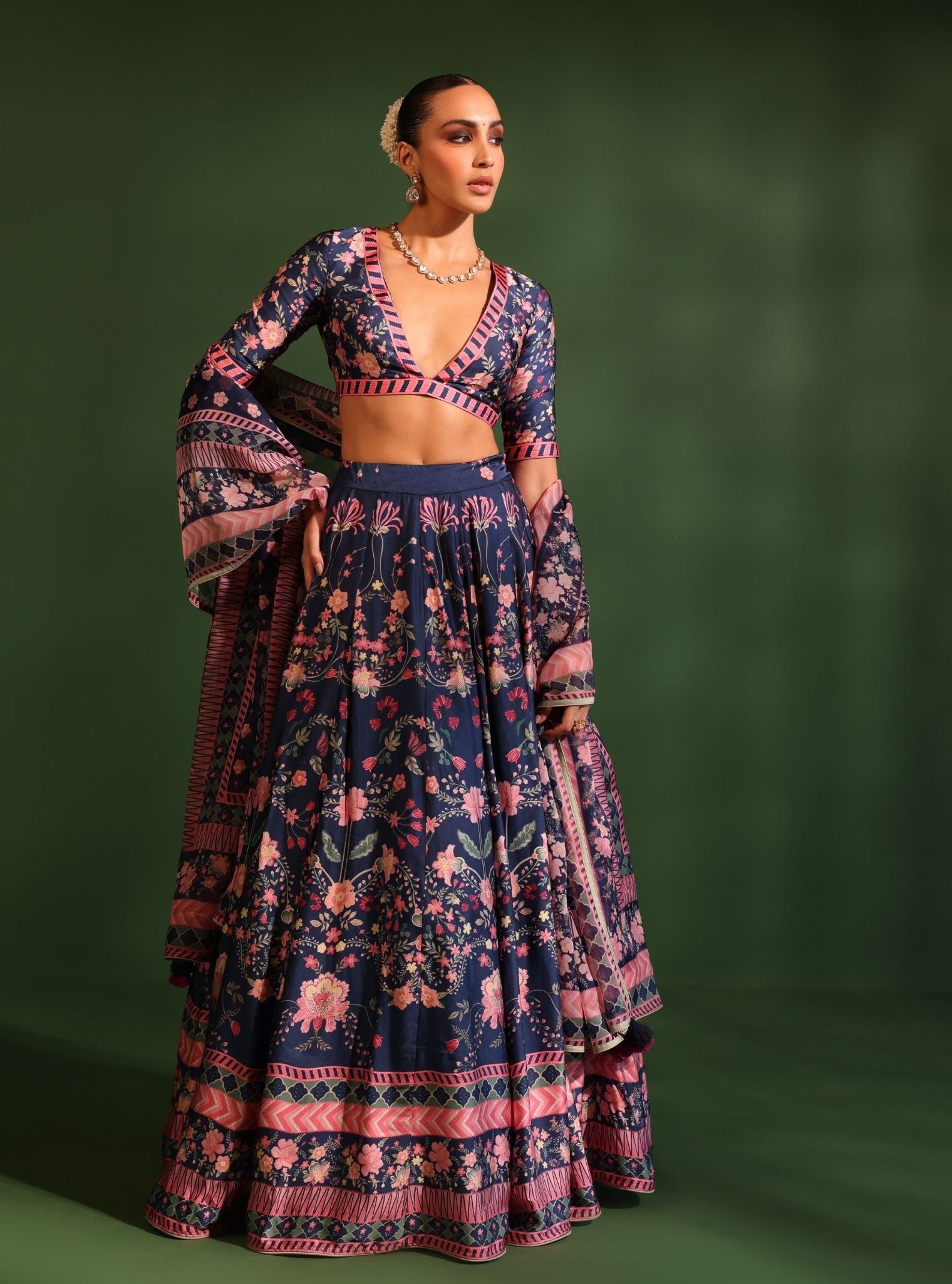 Mulmul Cupro Satin Printed Jhanak Navy Lehenga