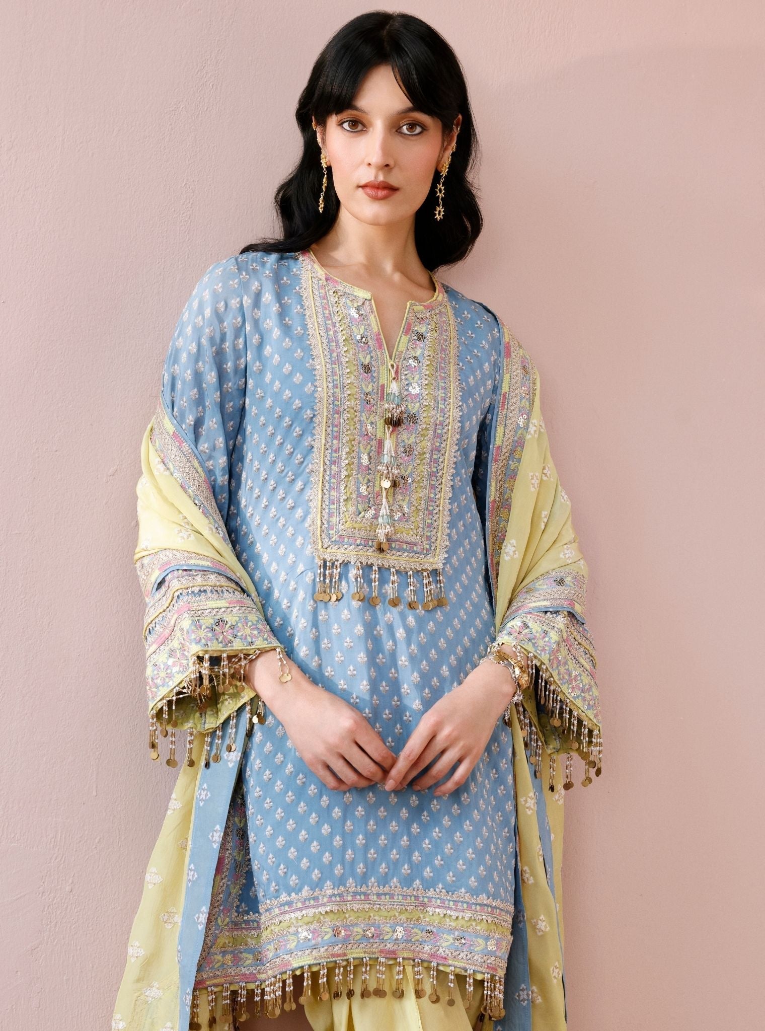 Tila Banarsi Blue Short Kurta with Dhoti Pants