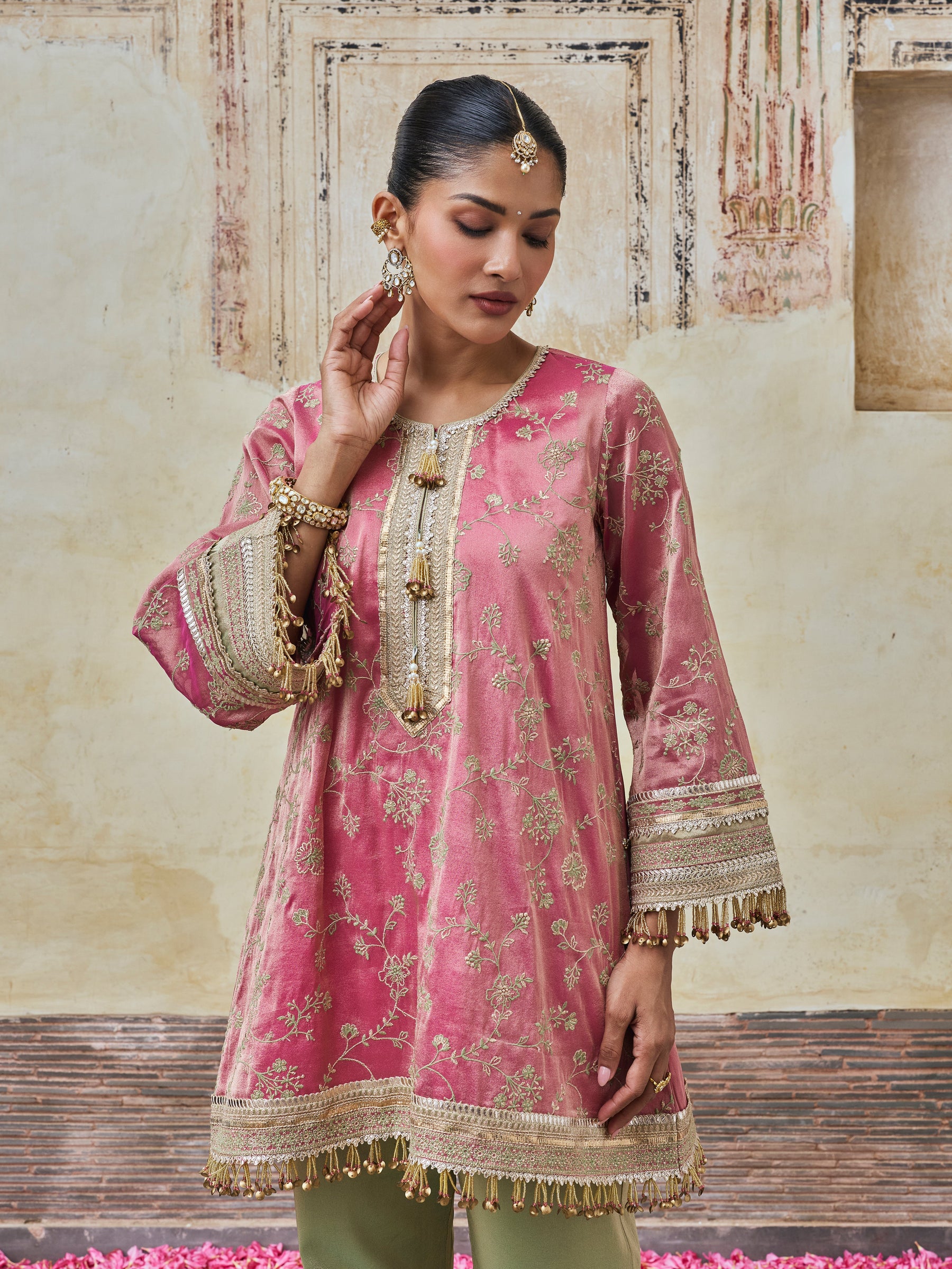 Odhira Tissue Organza Fuchsia & Green Sharara Set