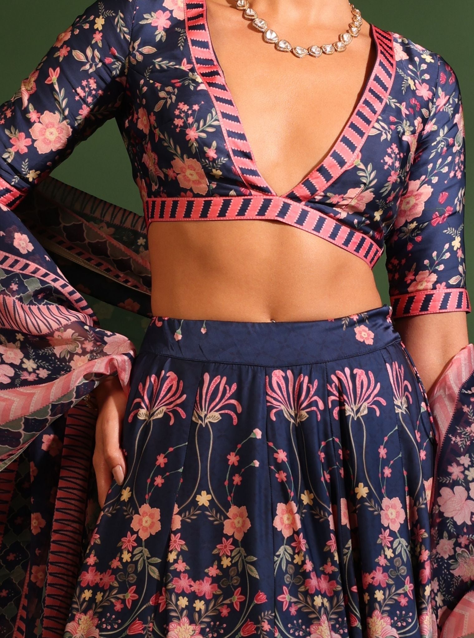 Mulmul Cupro Satin Printed Jhanak Navy Lehenga