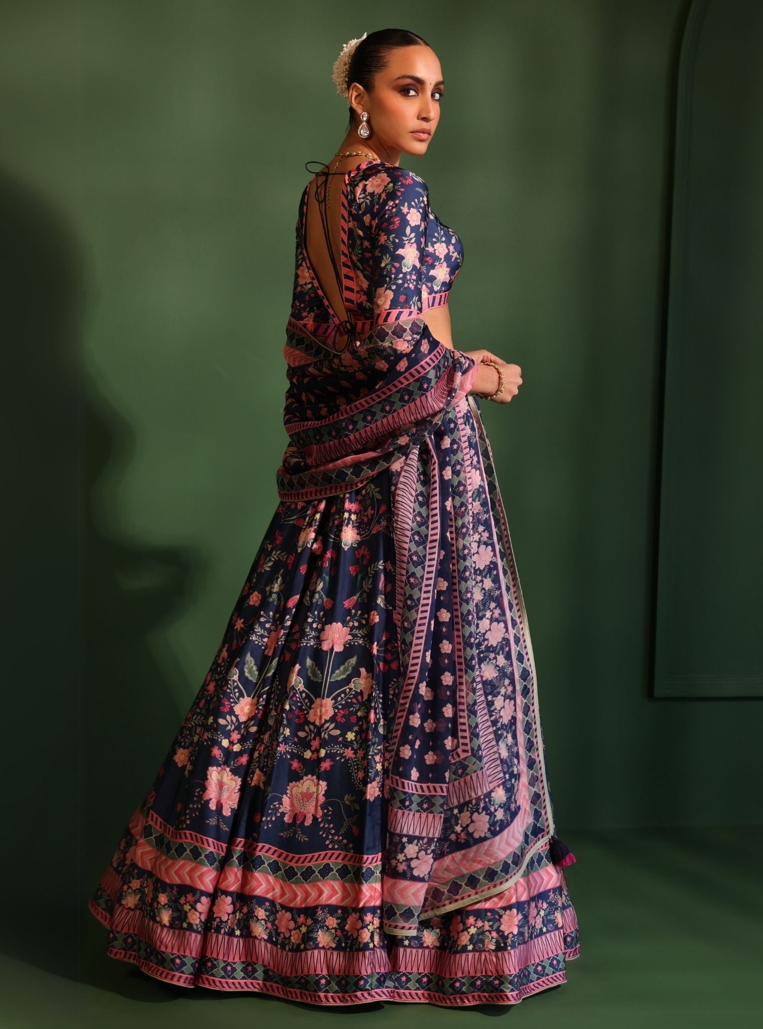 Mulmul Cupro Satin Printed Jhanak Navy Lehenga