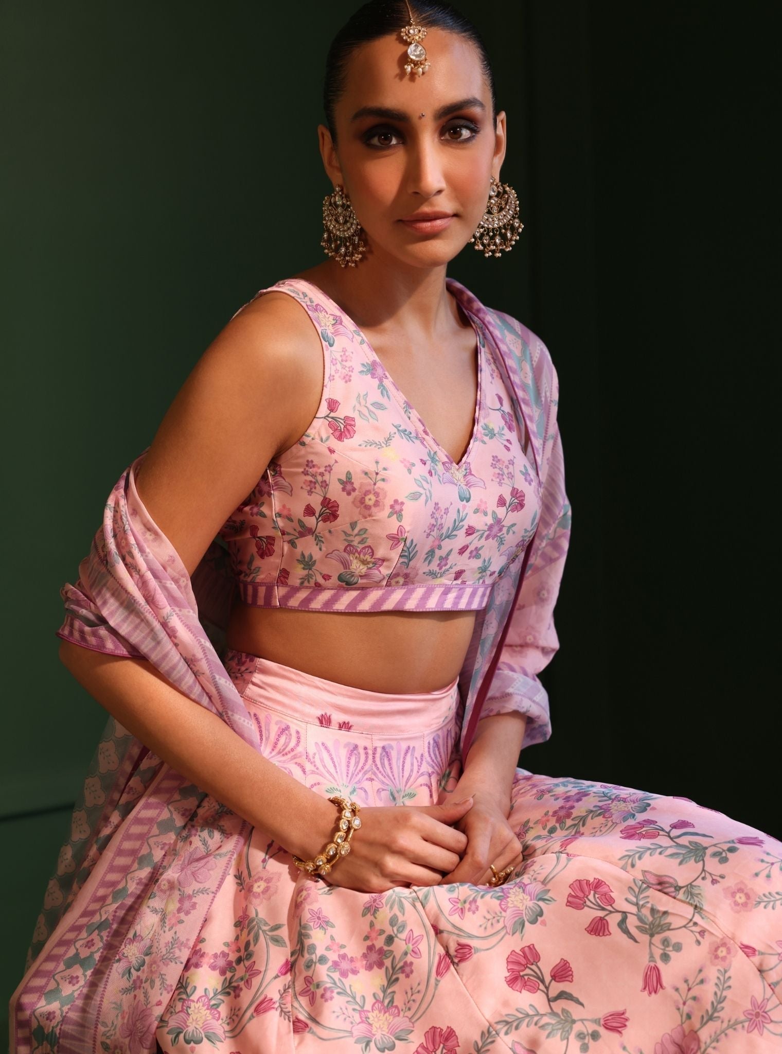 Mulmul Cupro Satin Printed Jhanak Pink Lehenga