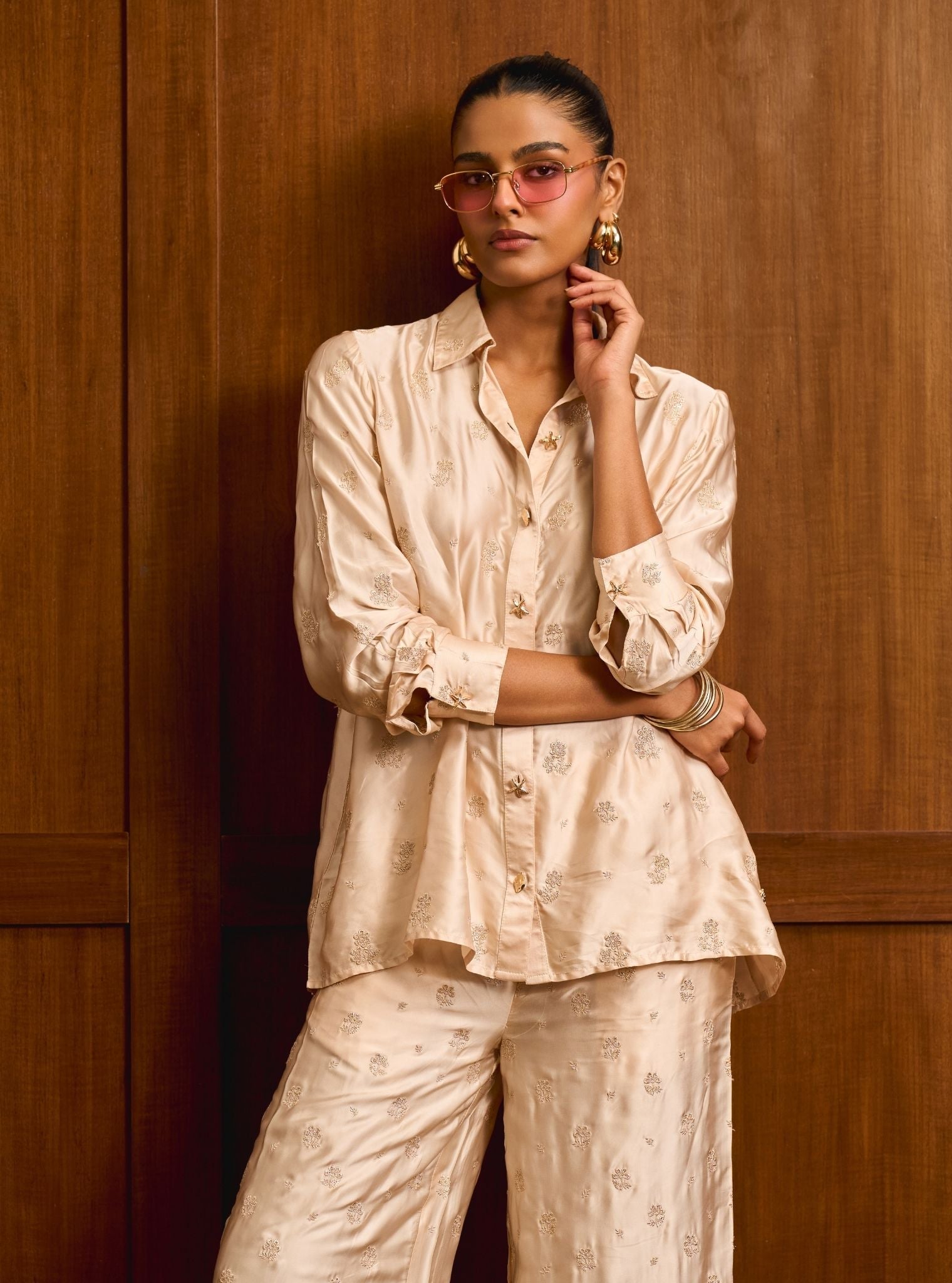 Santree Cupro Satin Champagne Shirt Set