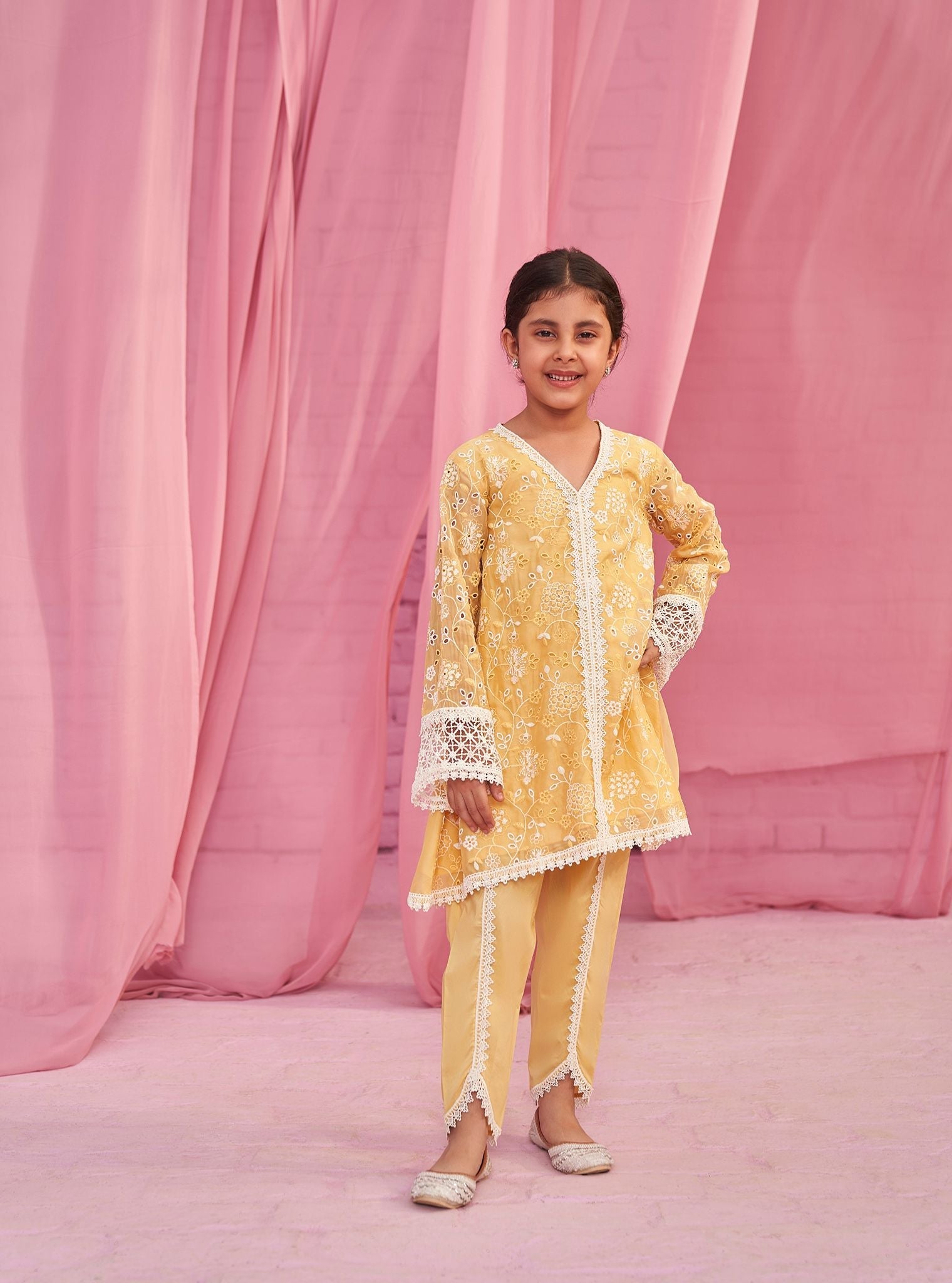 Mulmul Organza Safira Yellow Kurta With Mulmul Cotton Safira Yellow Dhoti Pant