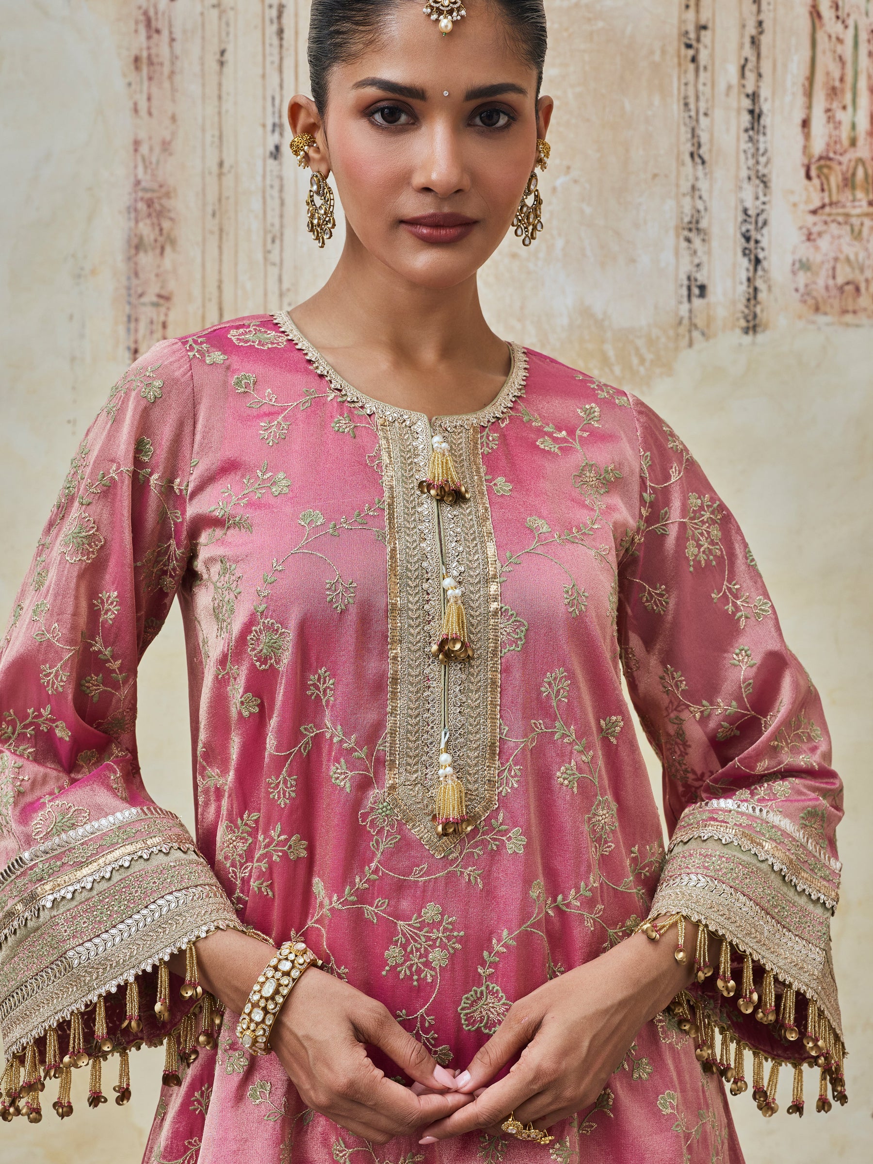 Odhira Tissue Organza Fuchsia & Green Sharara Set