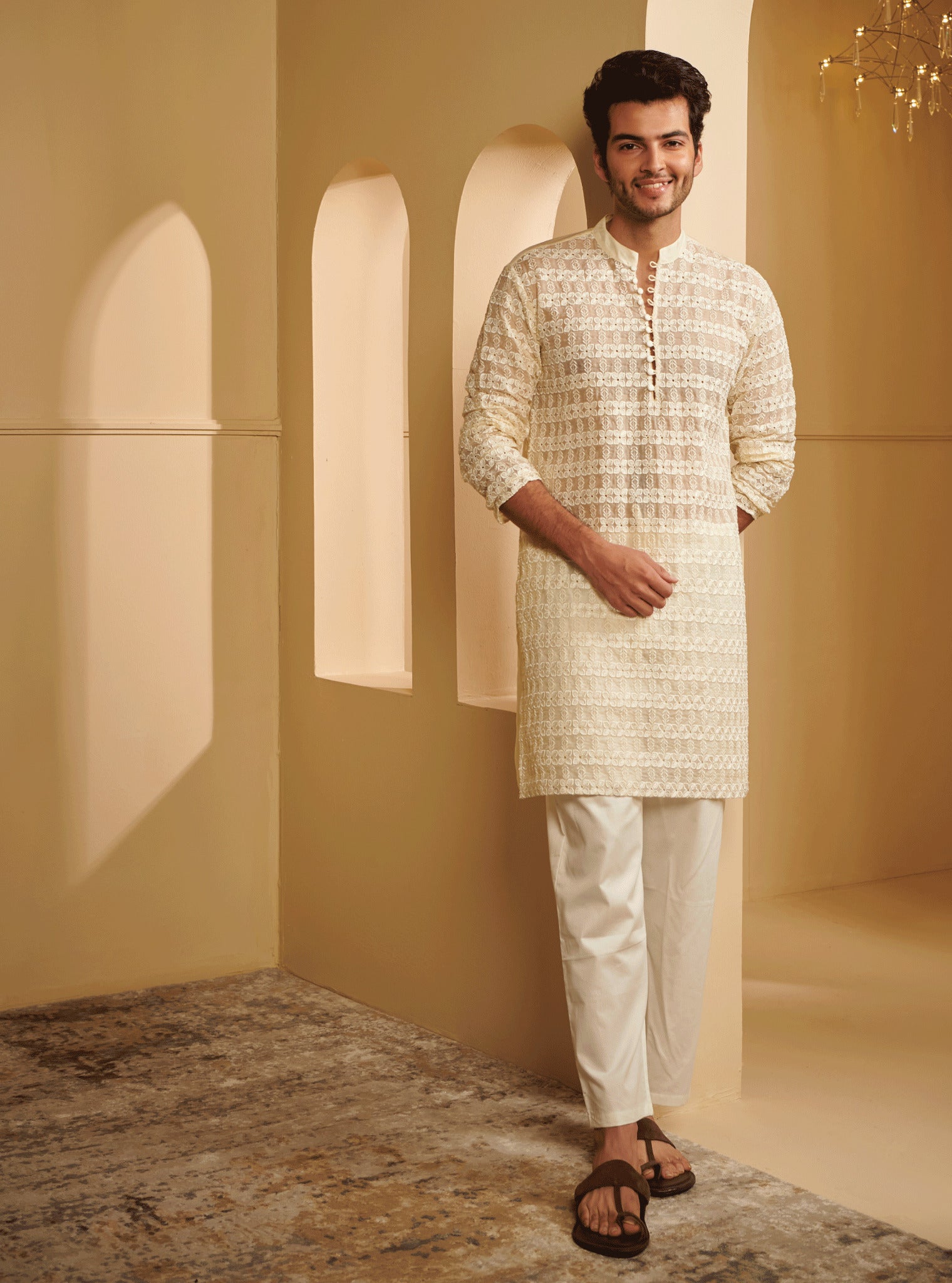 Mulmul Organza Zeke Off White Kurta With Mulmul Supima Cotton Zeke Off White Pyajama