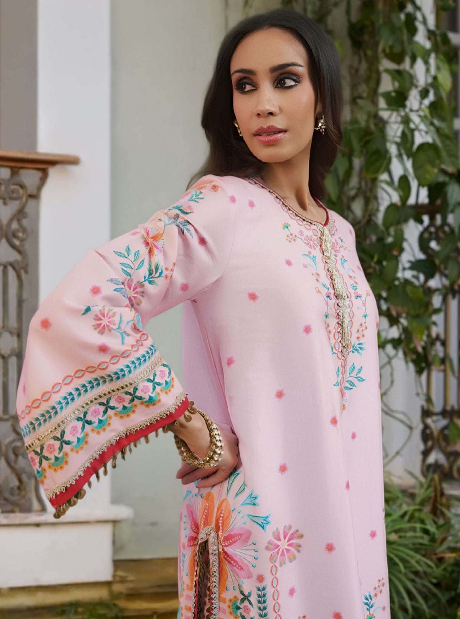 Omira Pima Satin Printed Pink Kurta Set