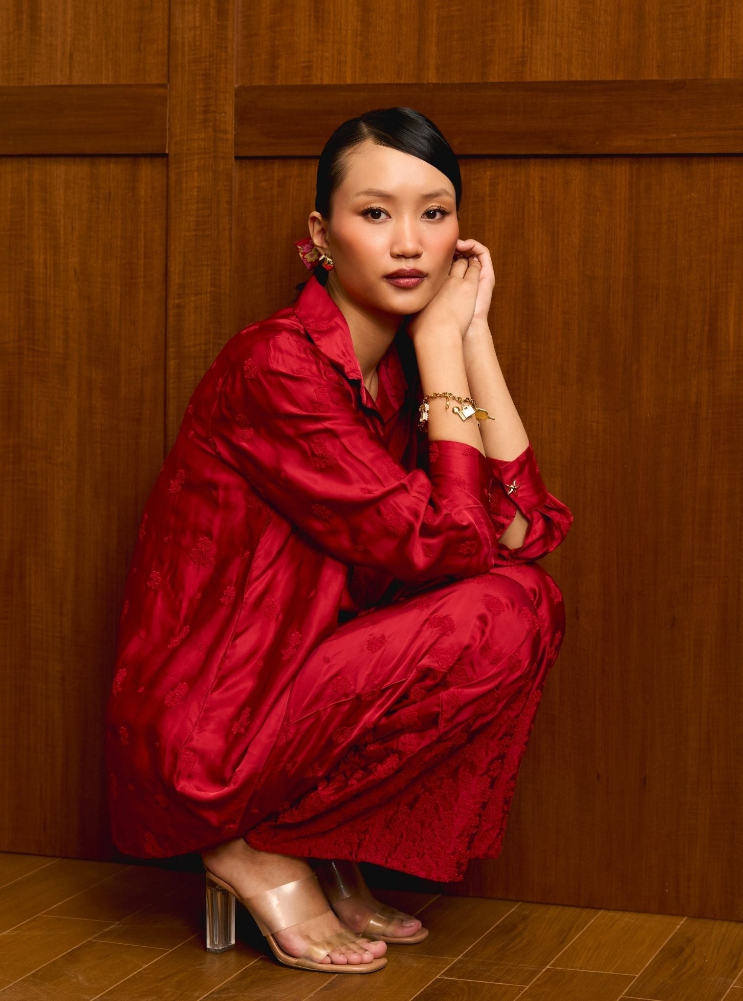 Santree Cupro Satin Red Shirt Set