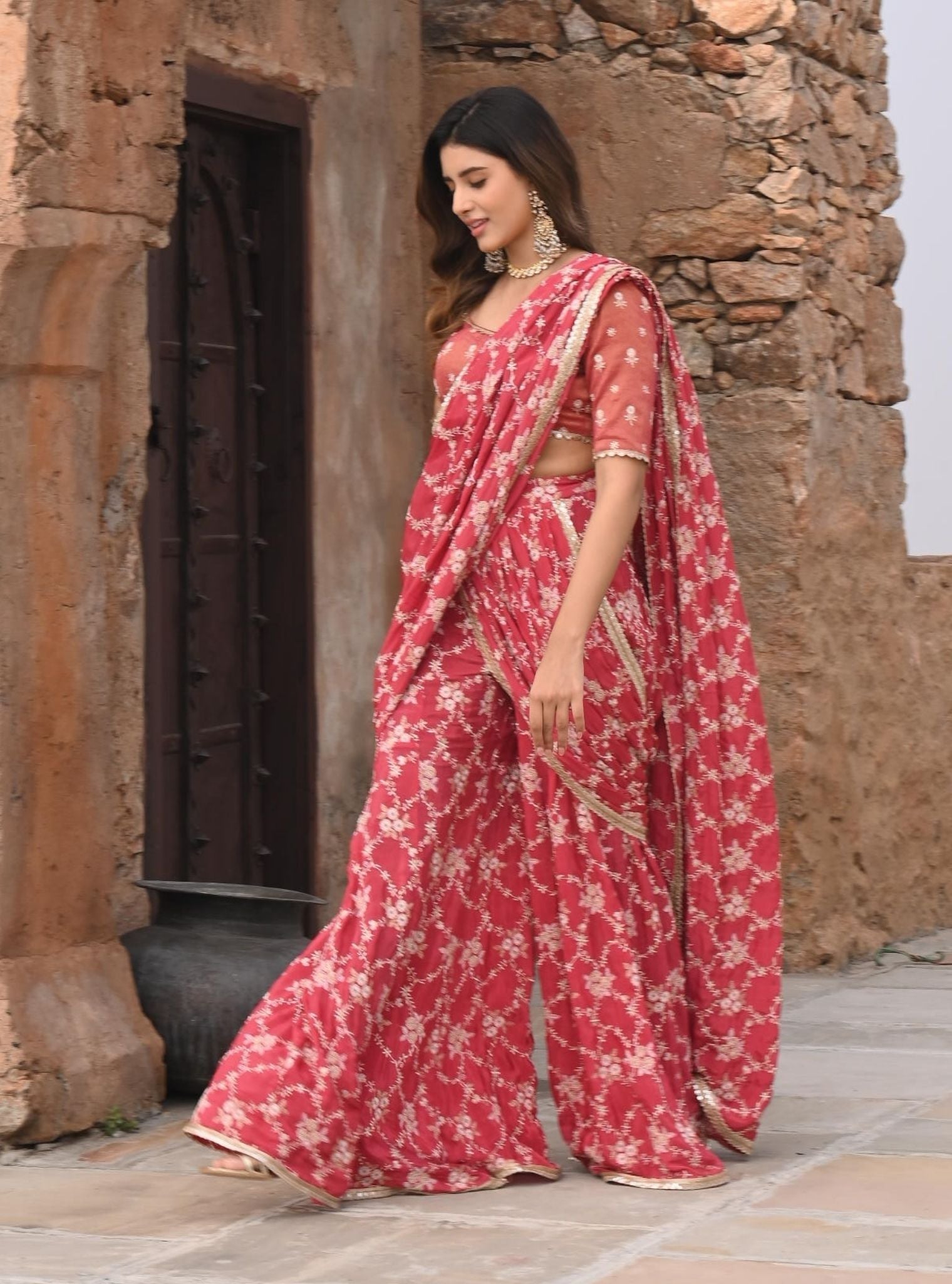 Raahi Crepe Red Pre-Stitched Saree