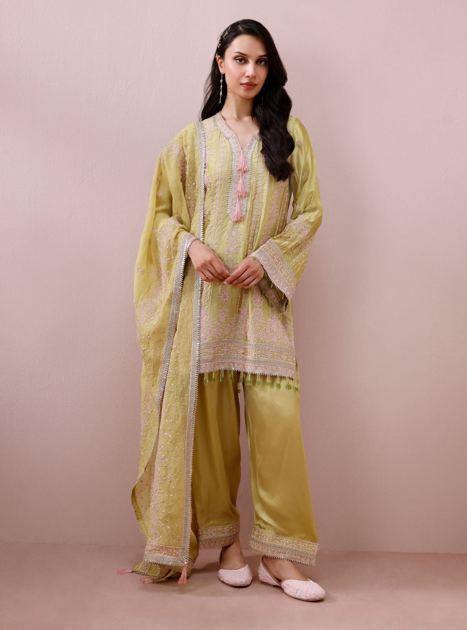 Zuri Cupro Satin Lime Kurta With Farshi Salwar