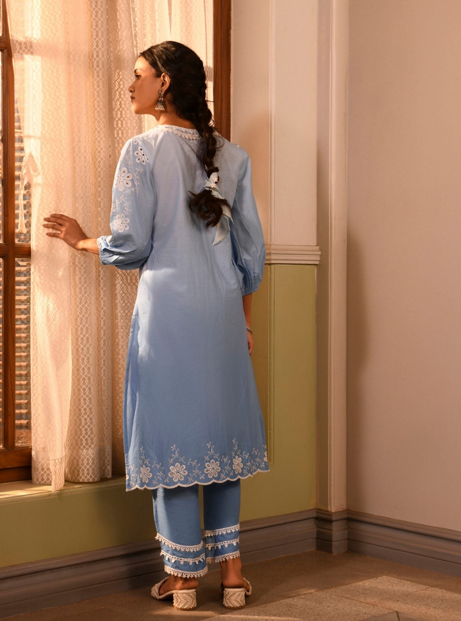 Mulmul Cotton Malta Blue Kurta With Mulmul Cotton Malta Blue Pant