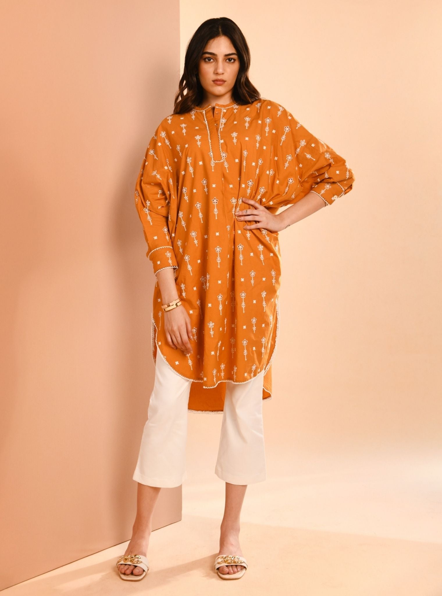 Mulmul Cotton Oriana Orange Kurta With Mulmul Cotton Oriana White Pant