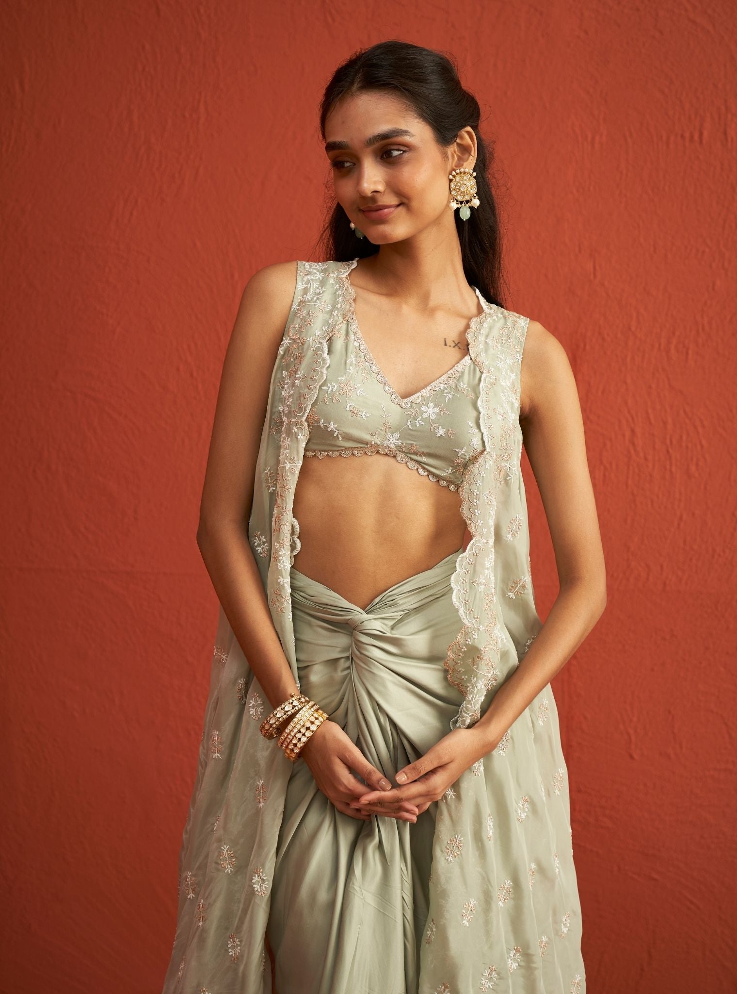 Saanware HO Silk Sage Green Long Shrug With Skirt