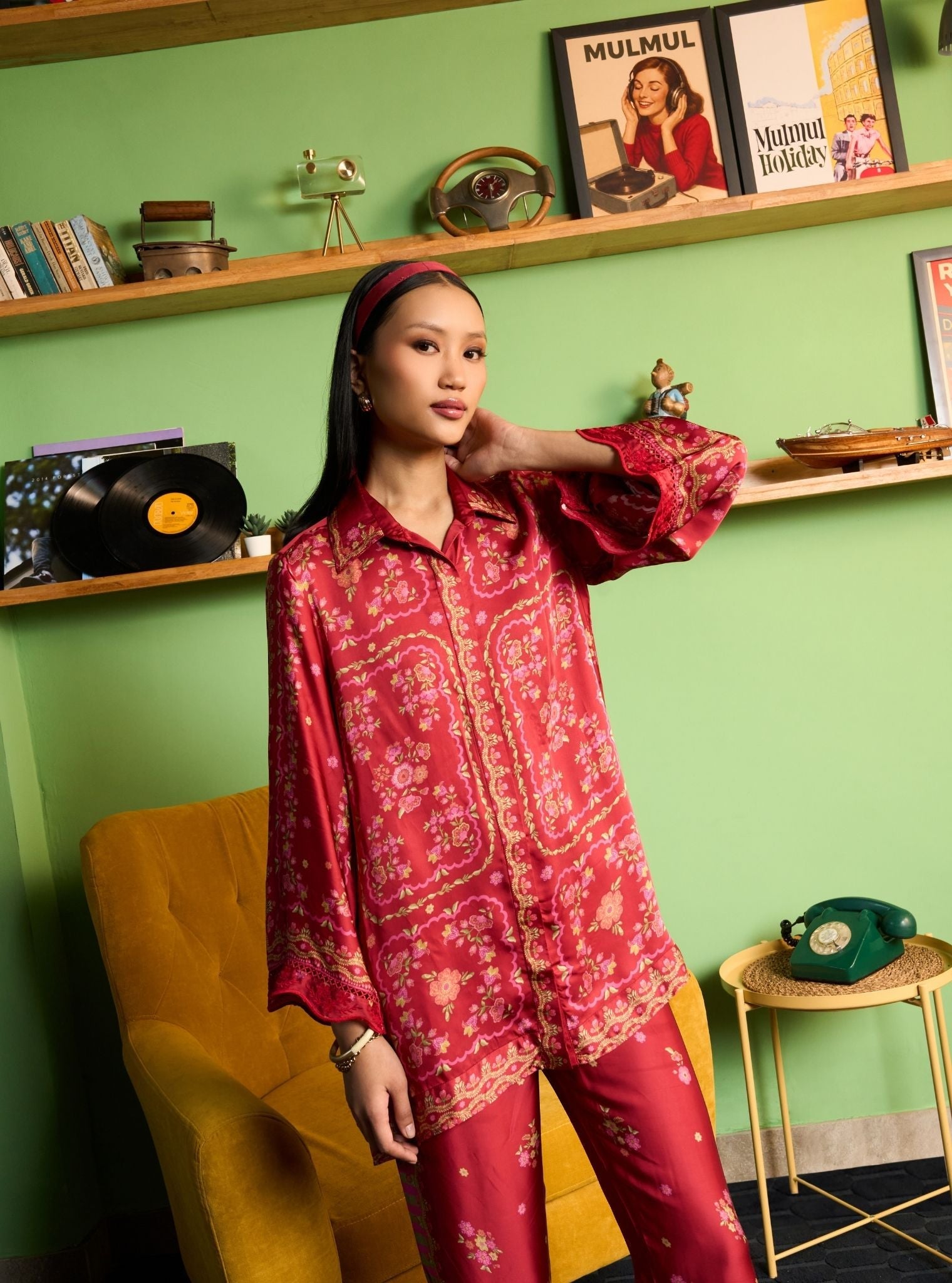 Akhzari Cupro Satin Red Printed Shirt Set